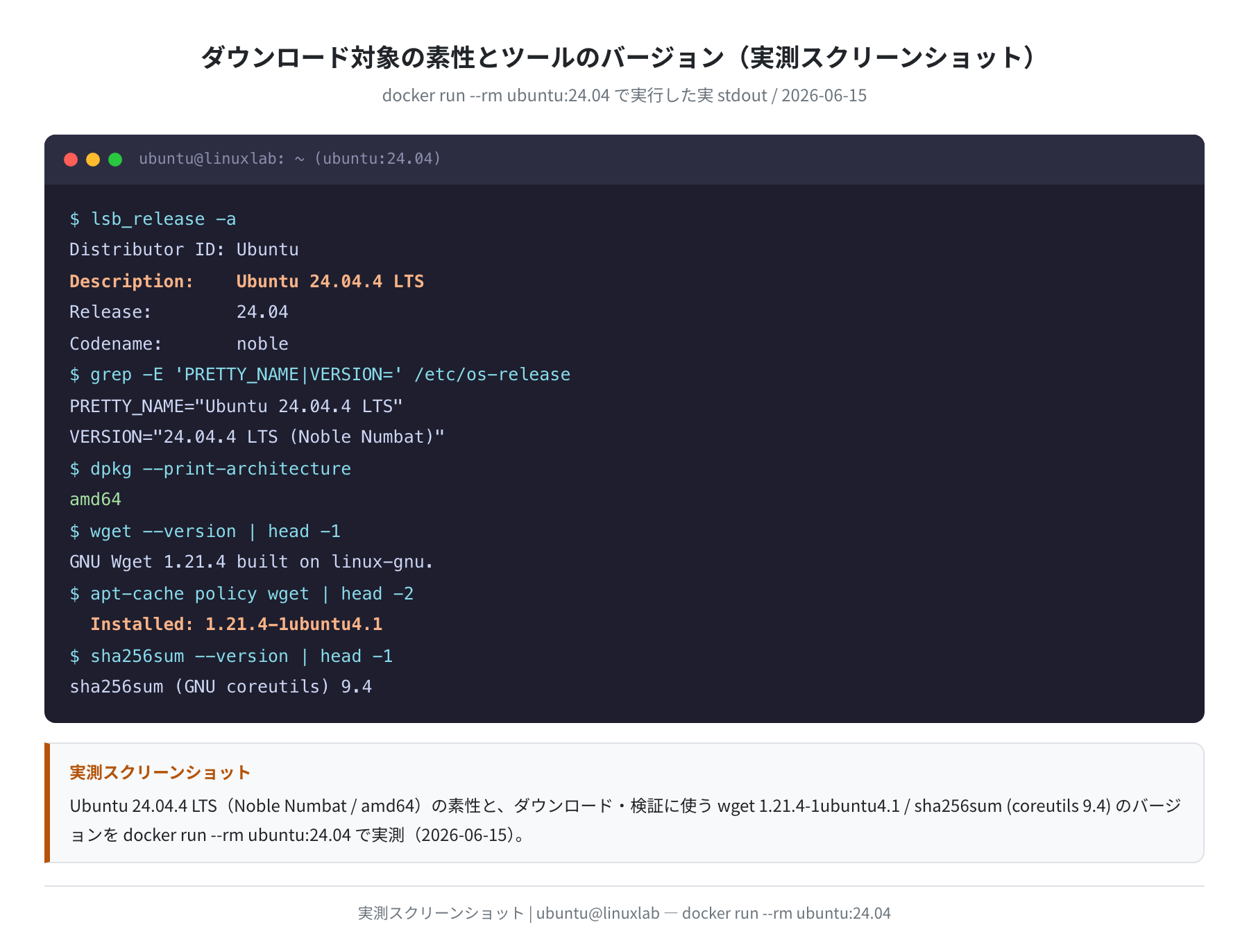 Ubuntuの素性とwget/sha256sumのバージョン(実測スクリーンショット)