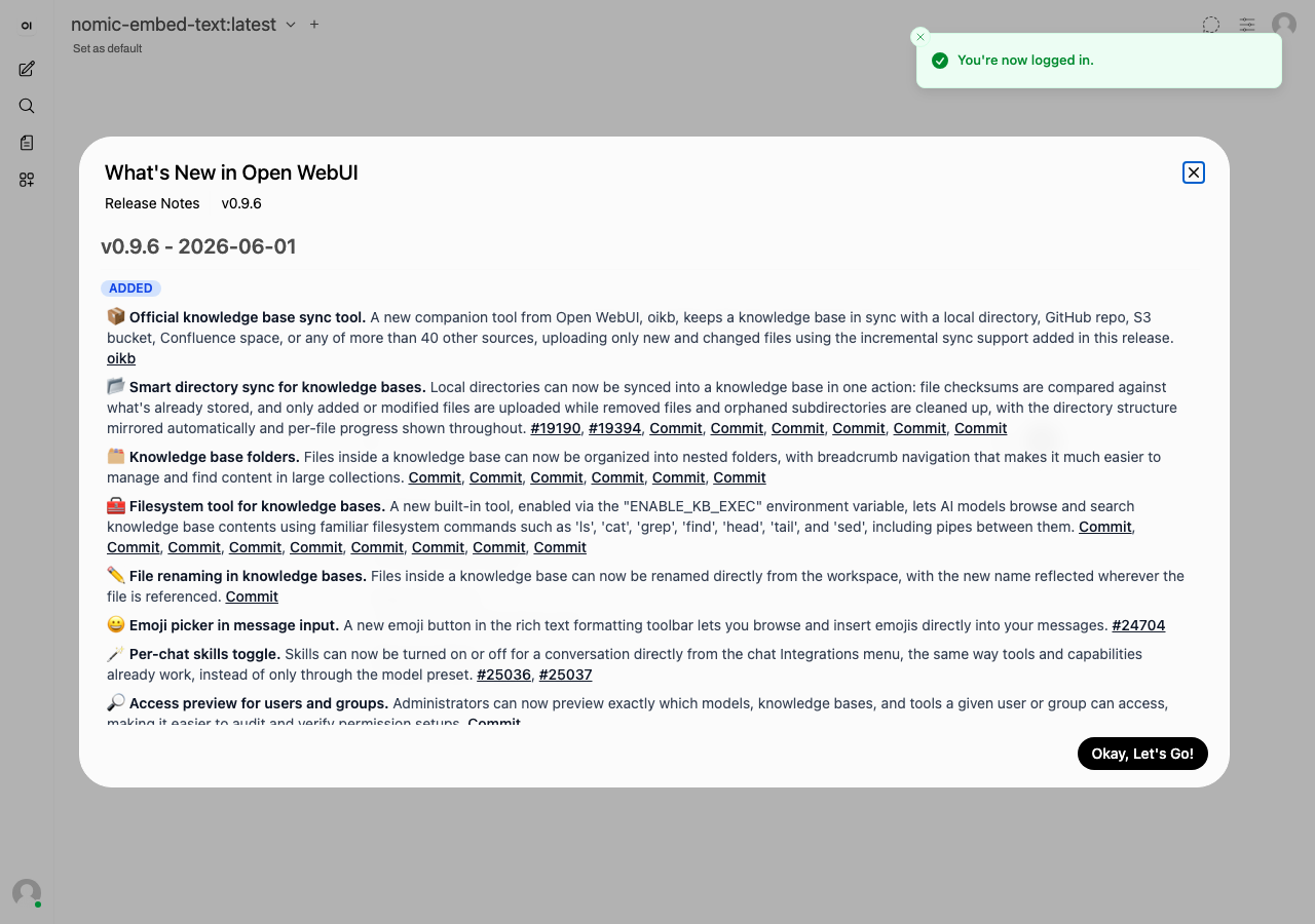 Open WebUI を Docker で起動した初期画面（Ollama 用の Web チャットUI・実スクリーンショット）