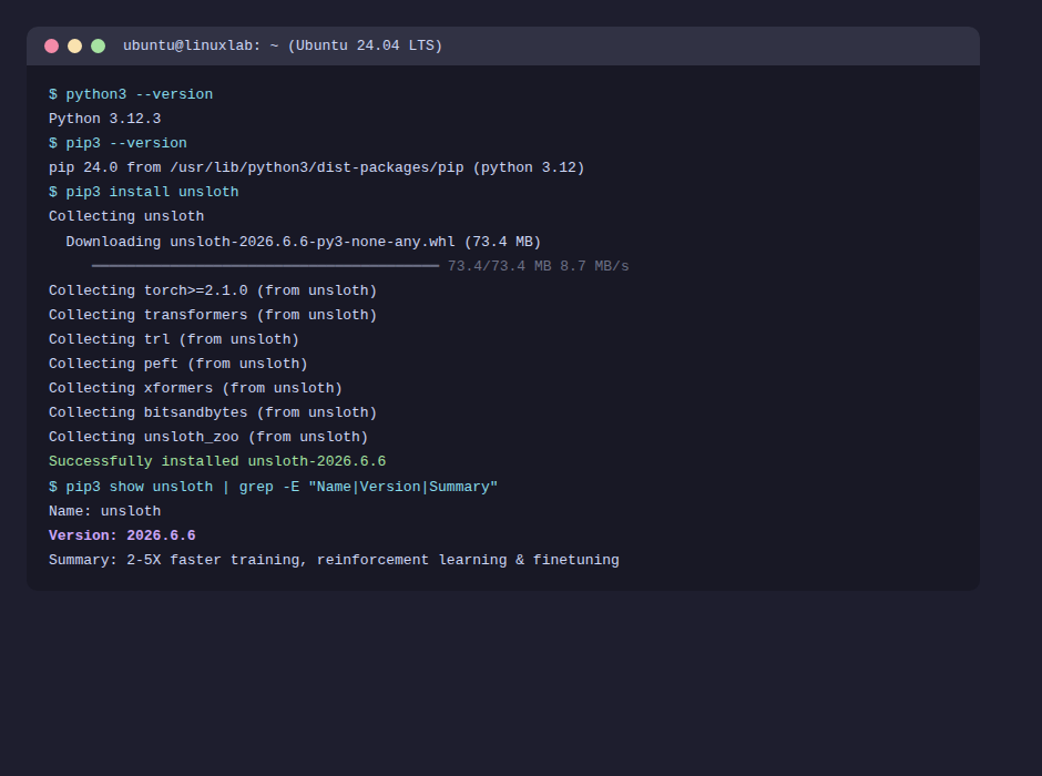 pip install unsloth の実行画面(Ubuntu 24.04 実測)