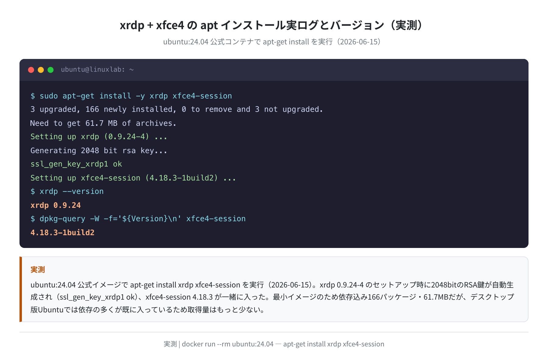 xrdp + xfce4 の apt インストール実ログとバージョン(Ubuntu 24.04 実測)