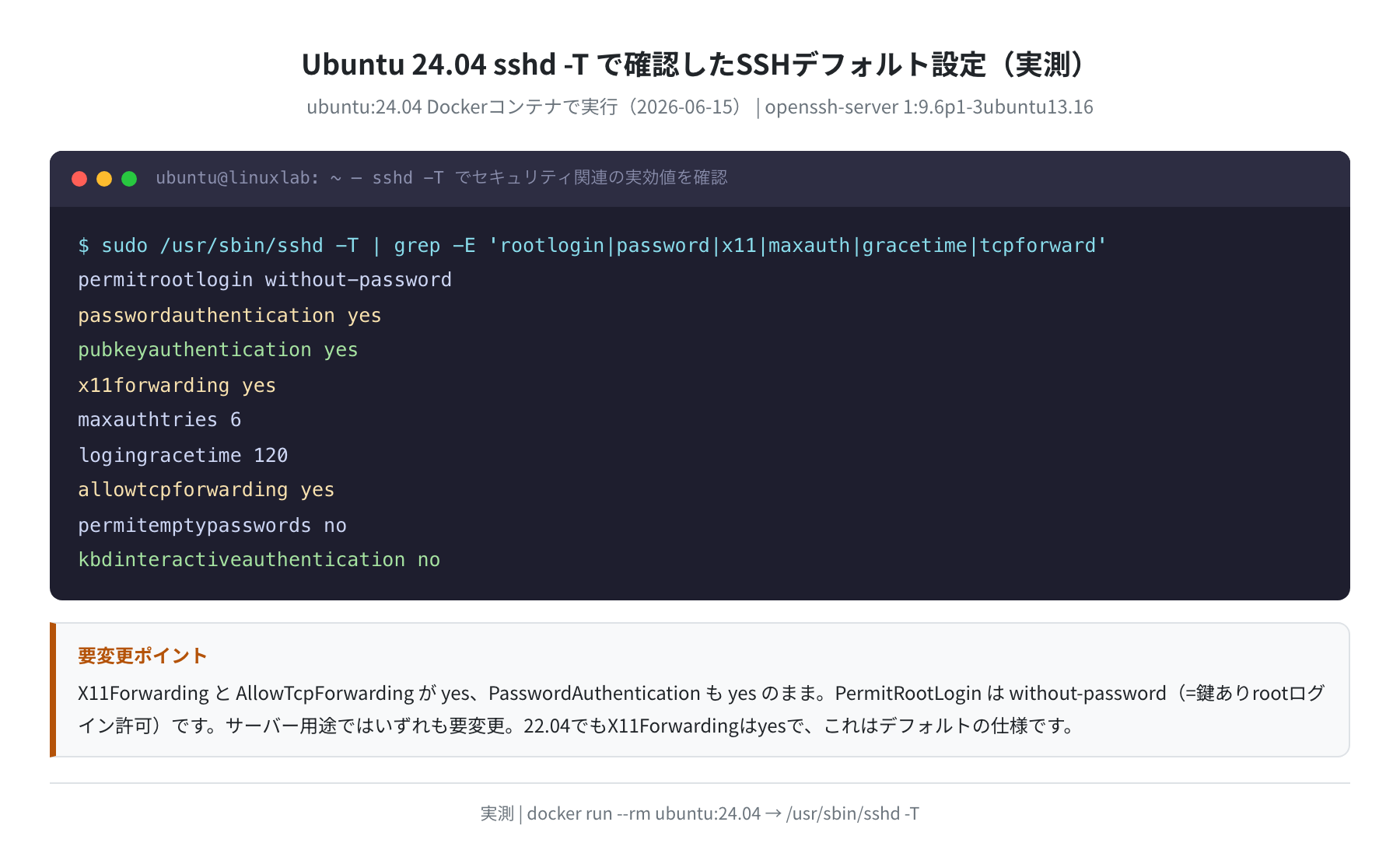 sshd -T で確認したSSHデフォルト設定（実測）