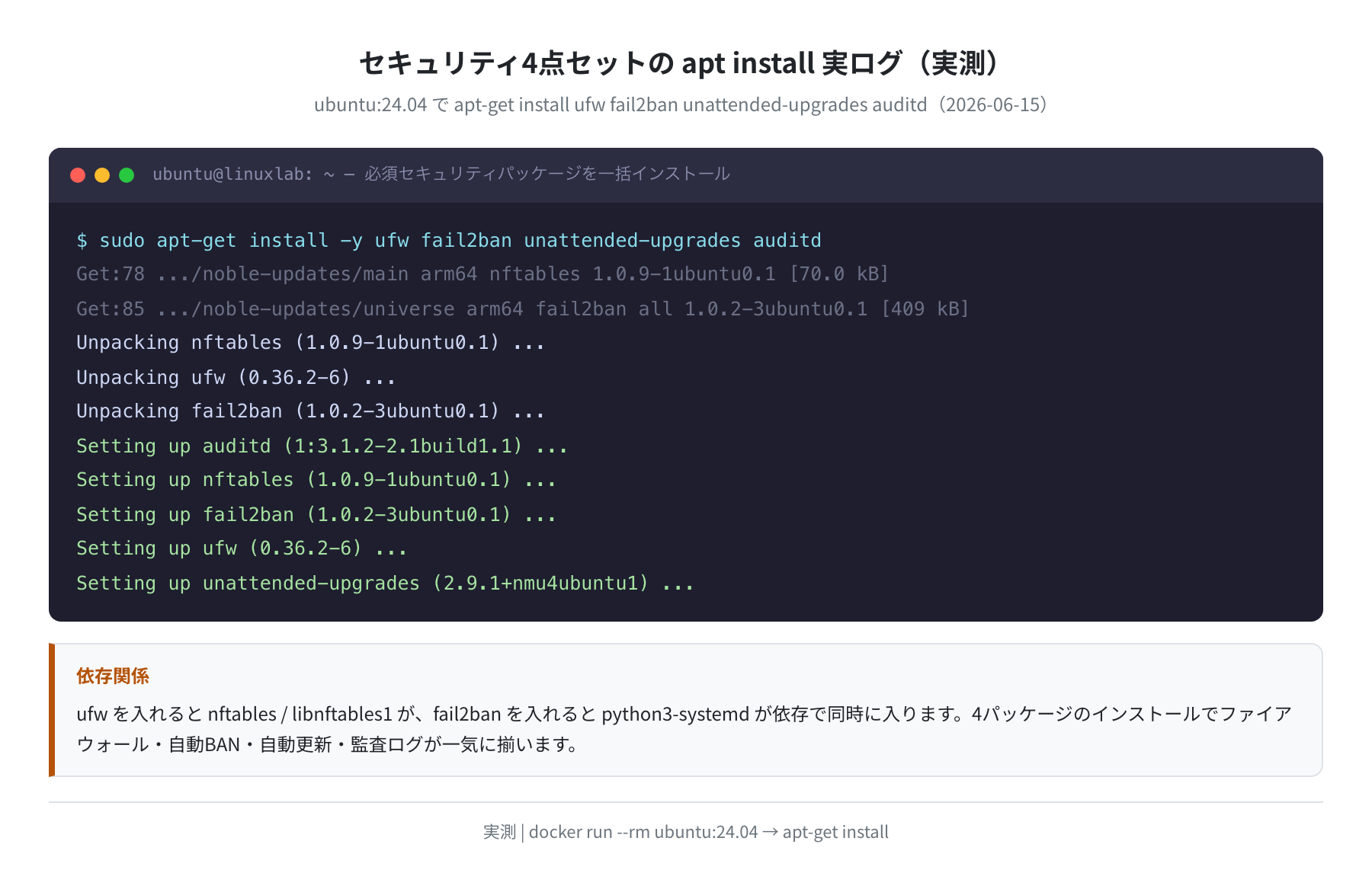 必須セキュリティパッケージの apt install 実ログ（実測）