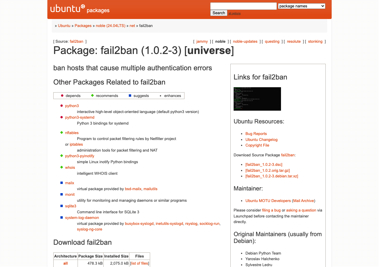Ubuntu noble の fail2ban パッケージ公式ページ（Playwright実撮影）