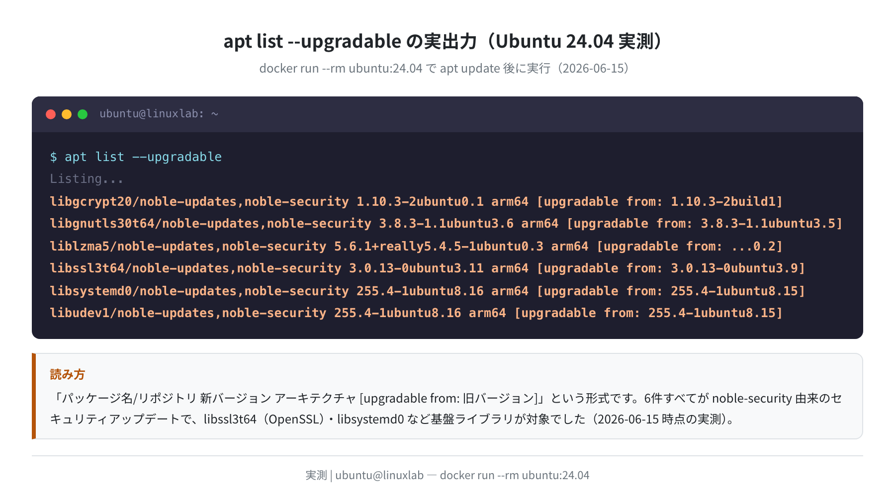 apt list --upgradable の実出力（Ubuntu 24.04 実測）