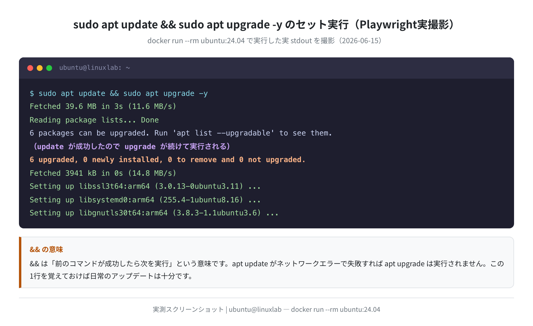 sudo apt update && sudo apt upgrade -y のセット実行（Playwright実撮影）