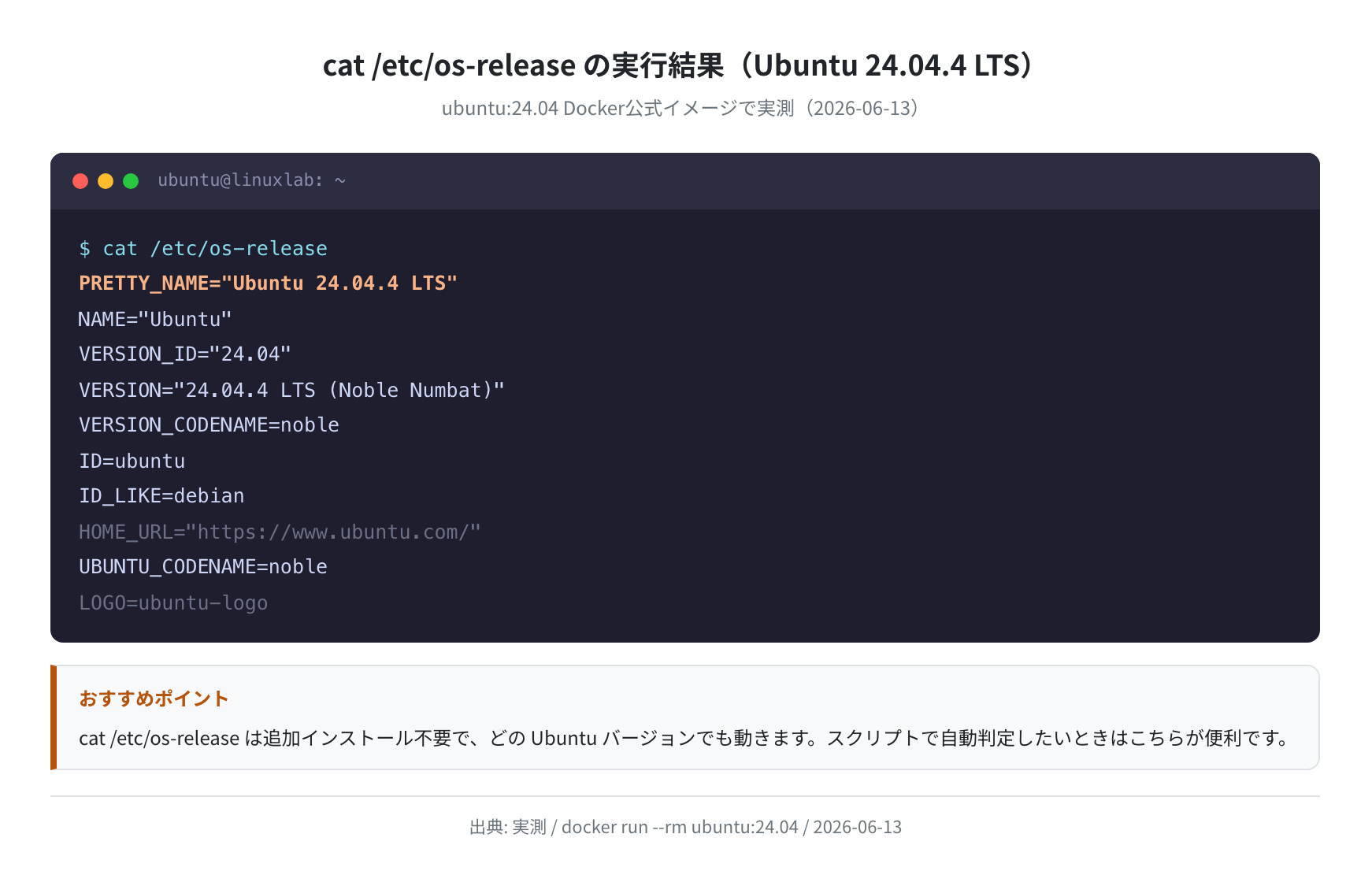 cat /etc/os-release の実行結果(Ubuntu 24.04.4 LTS)実測
