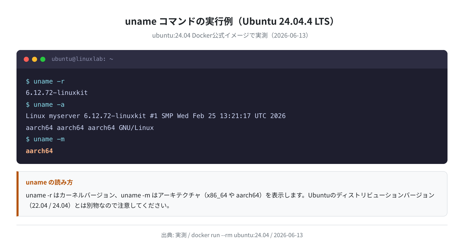 uname コマンドの実行例(Ubuntu 24.04.4 LTS)実測