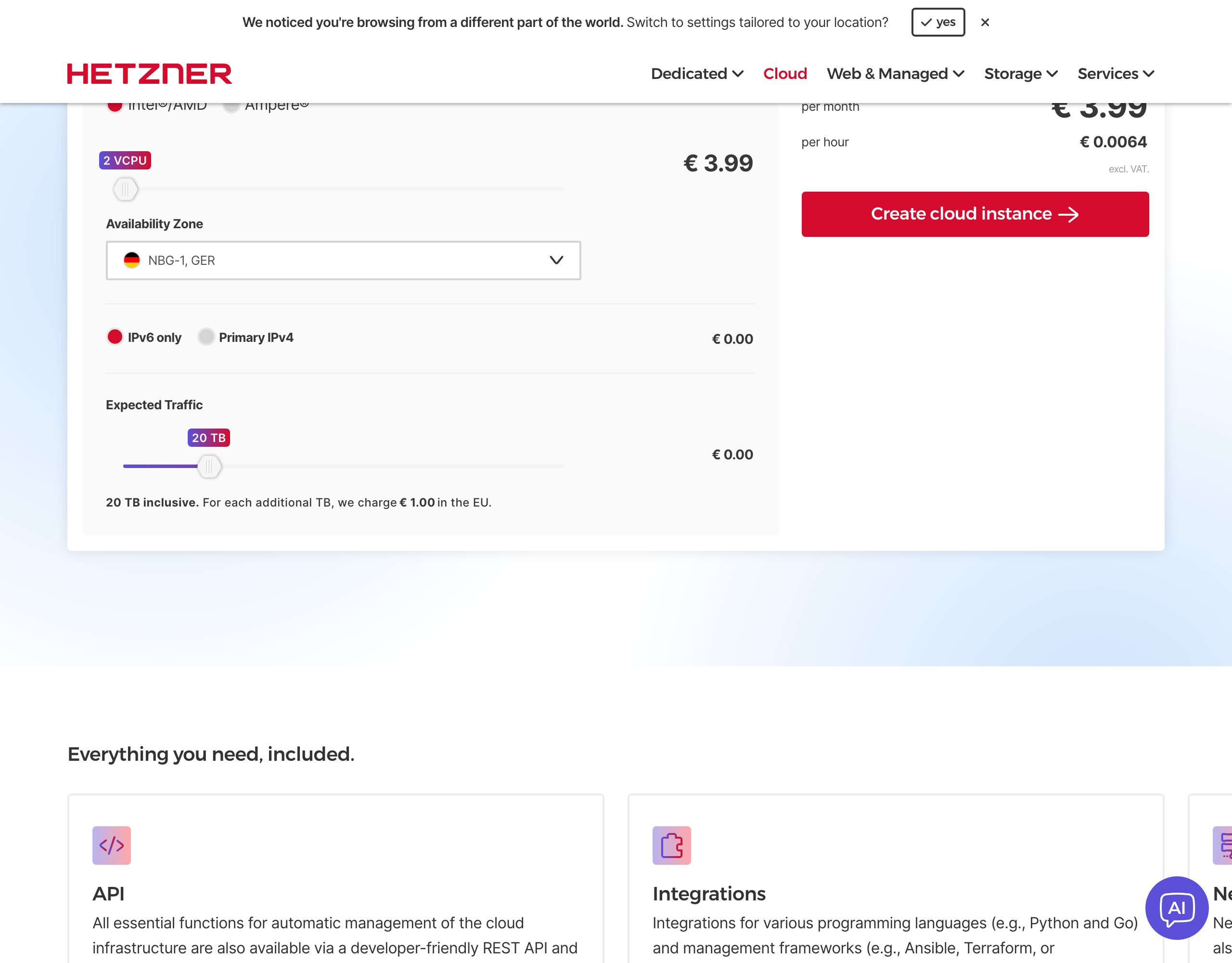Hetzner Cloud 価格計算機で2vCPU構成が€3.99/月と表示された実画面（Playwrightで実撮影）