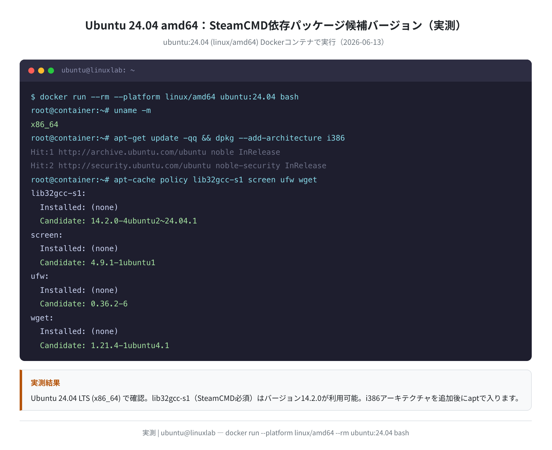 Ubuntu 24.04 amd64 SteamCMD依存パッケージバージョン確認（実測）