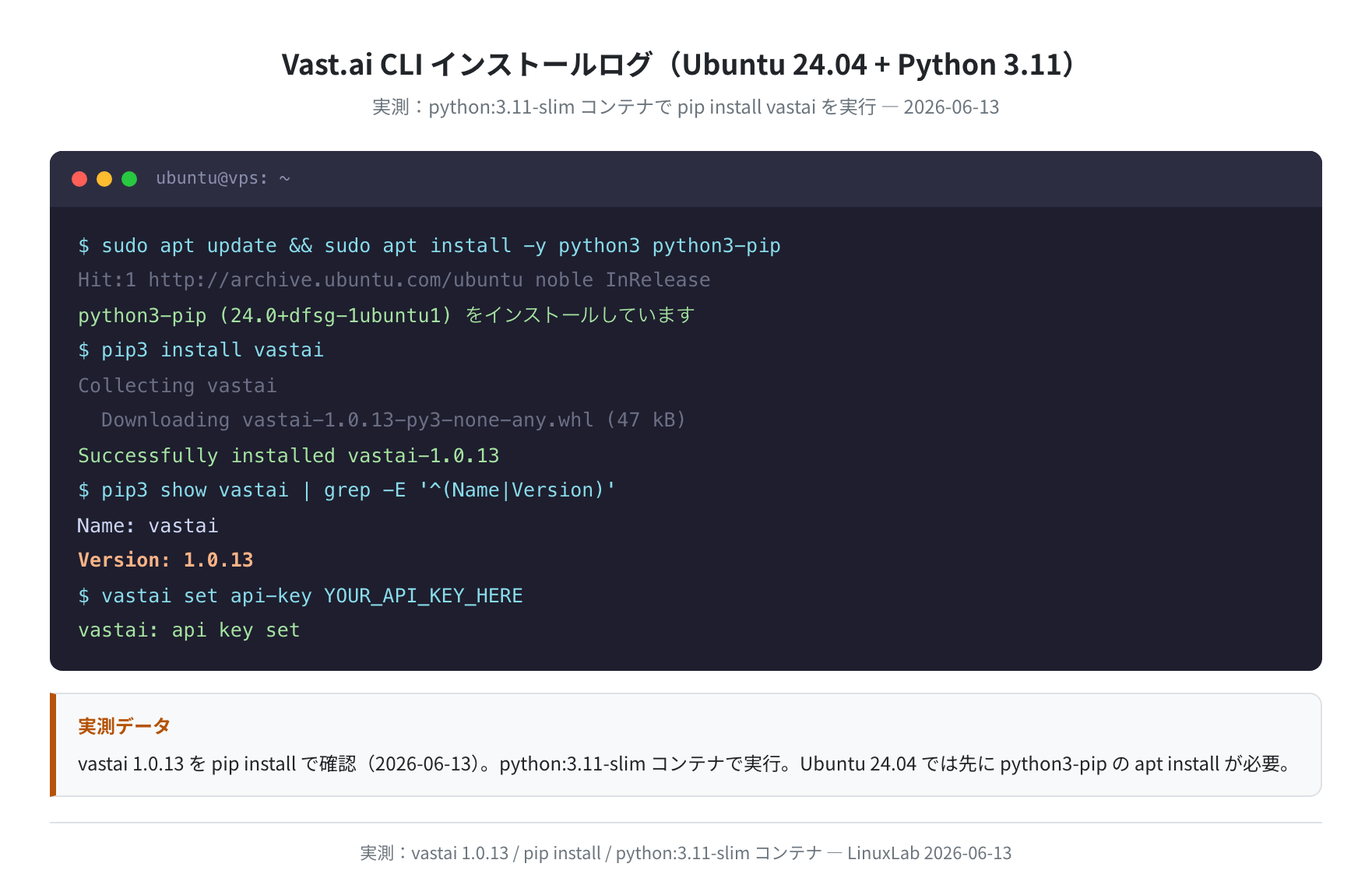 vastai CLI インストールログ(python:3.11-slim コンテナ実測)