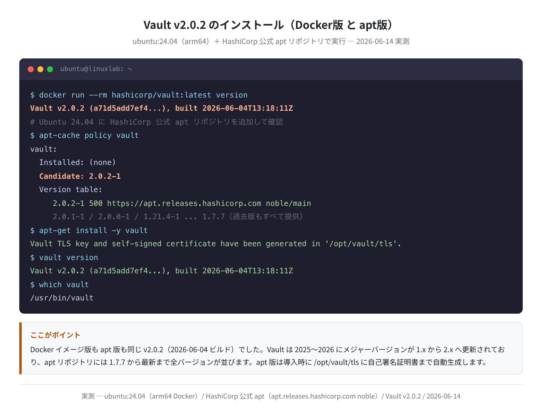 Vault v2.0.2 のインストール（Docker版とapt版・実測）