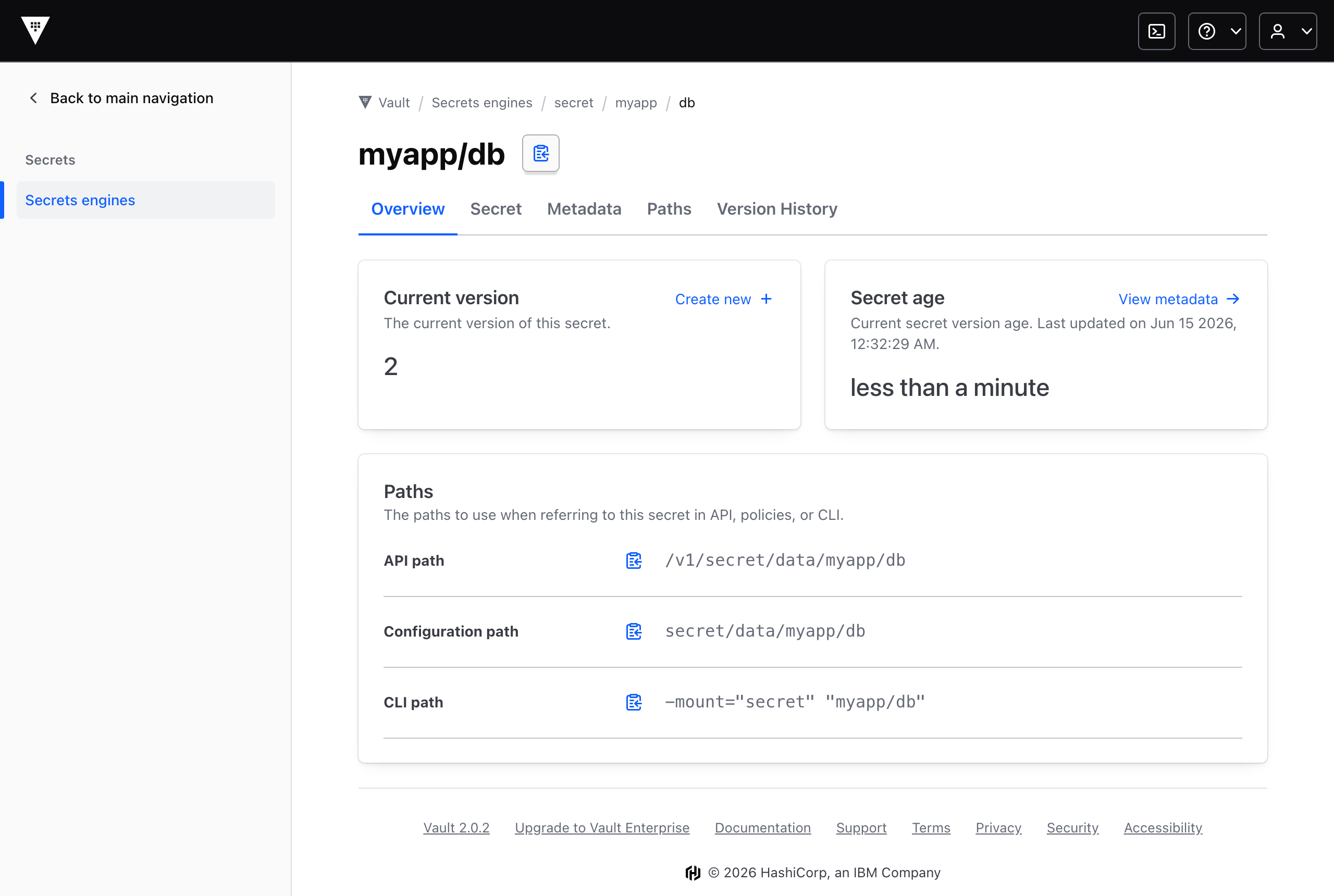 シークレット secret/myapp/db の詳細画面（スクリーンショット・実測）