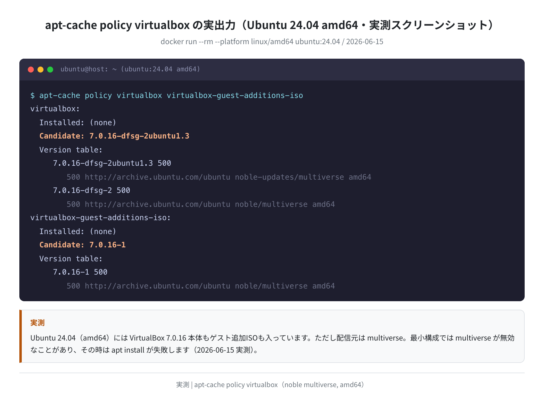 apt-cache policy virtualbox の実出力（Ubuntu 24.04 amd64・実測スクリーンショット）