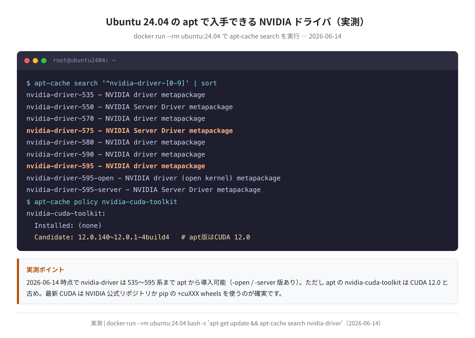 Ubuntu 24.04 のaptで入手できるNVIDIAドライバ(実測 2026-06-14)