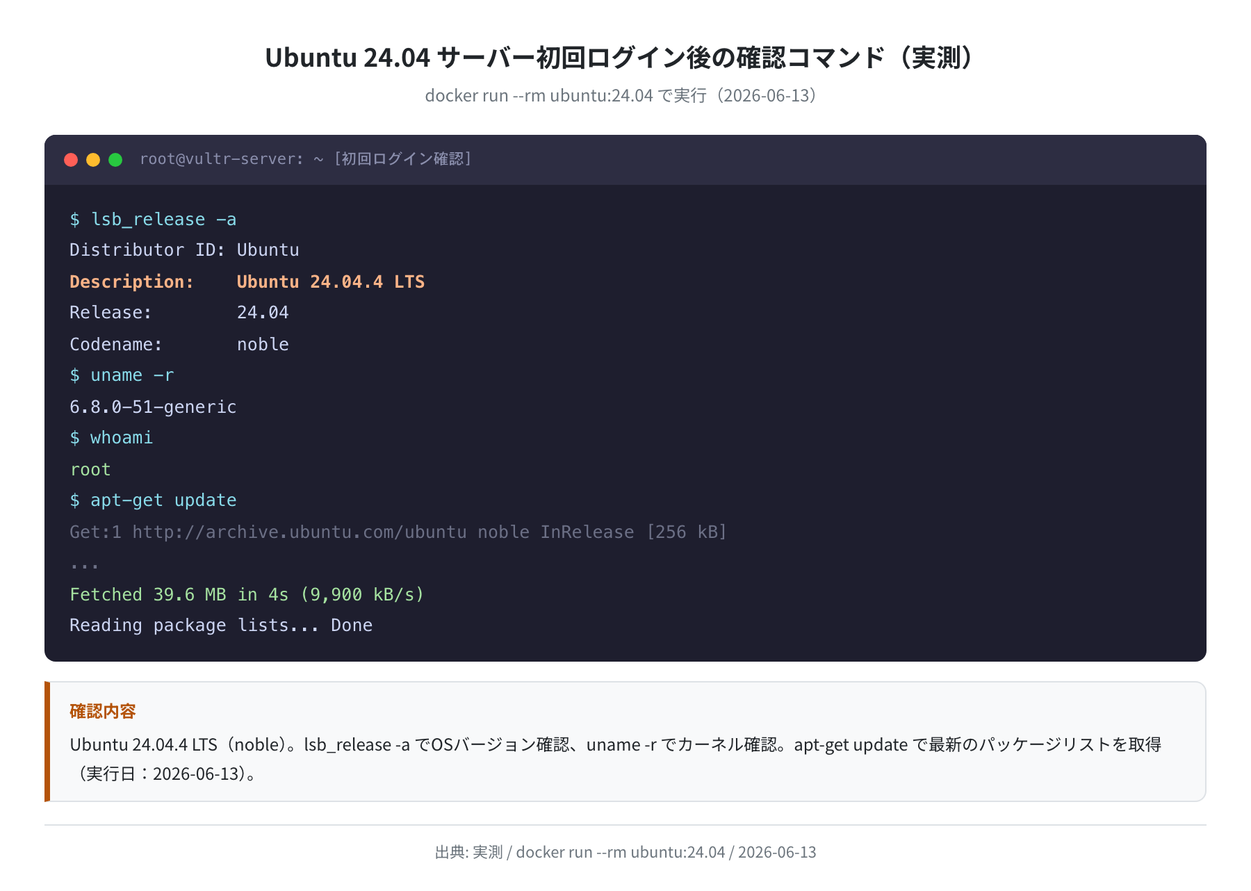 Ubuntu 24.04サーバー初回ログイン後の確認コマンド（実測）