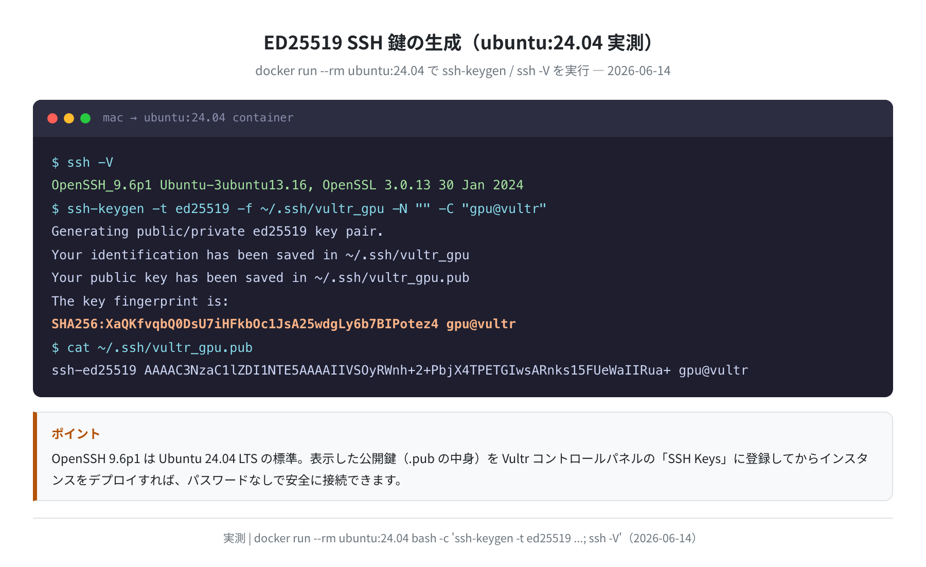 ED25519 SSH鍵の生成(ubuntu:24.04 実測 2026-06-14)