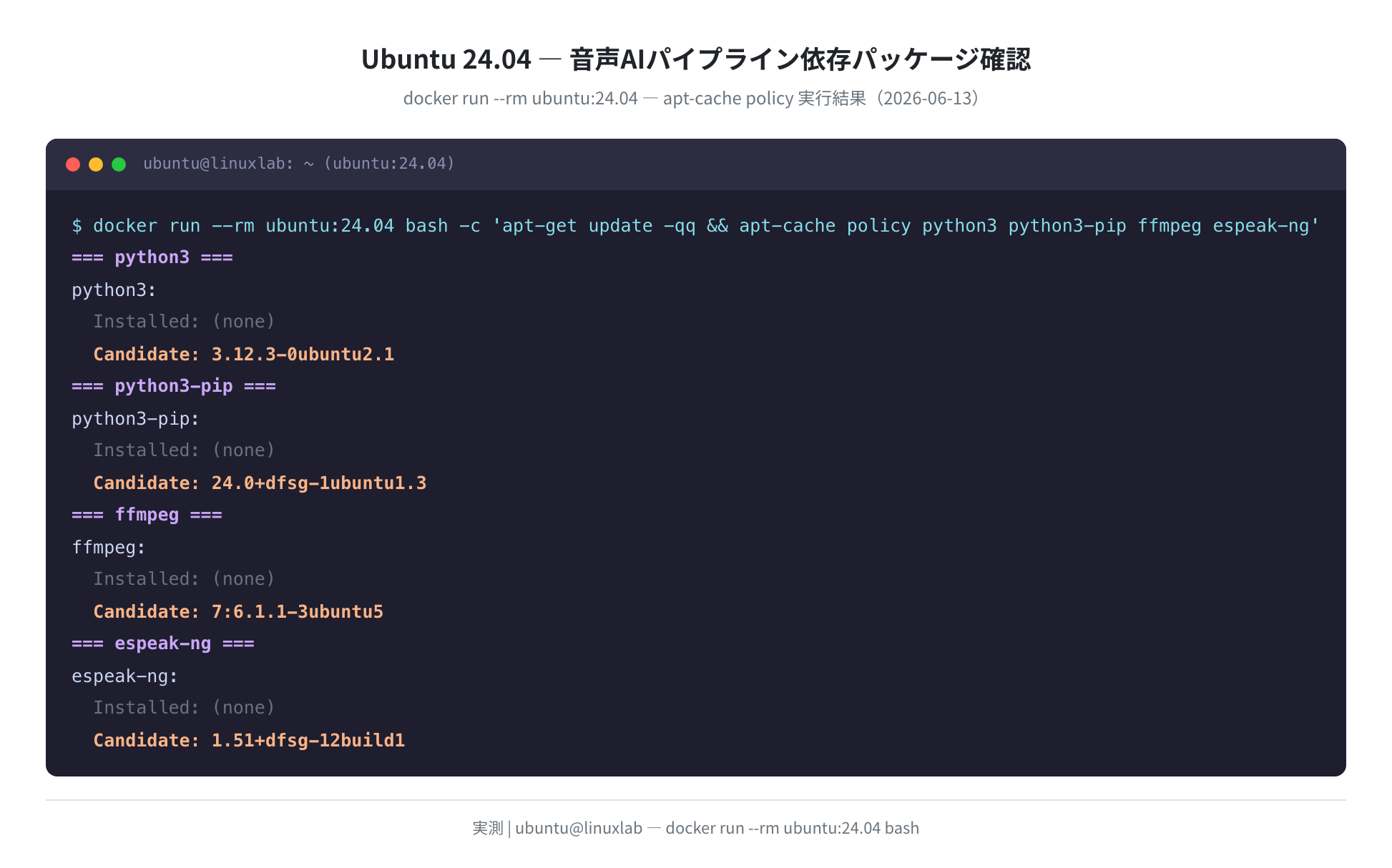Ubuntu 24.04 依存パッケージのバージョン確認（apt-cache policy、実測）