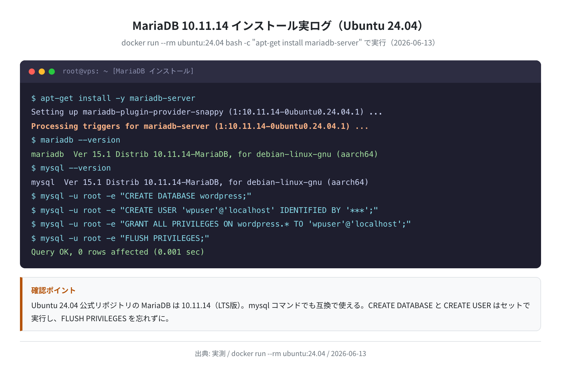 MariaDB 10.11.14 インストール実ログ（Ubuntu 24.04 実測）