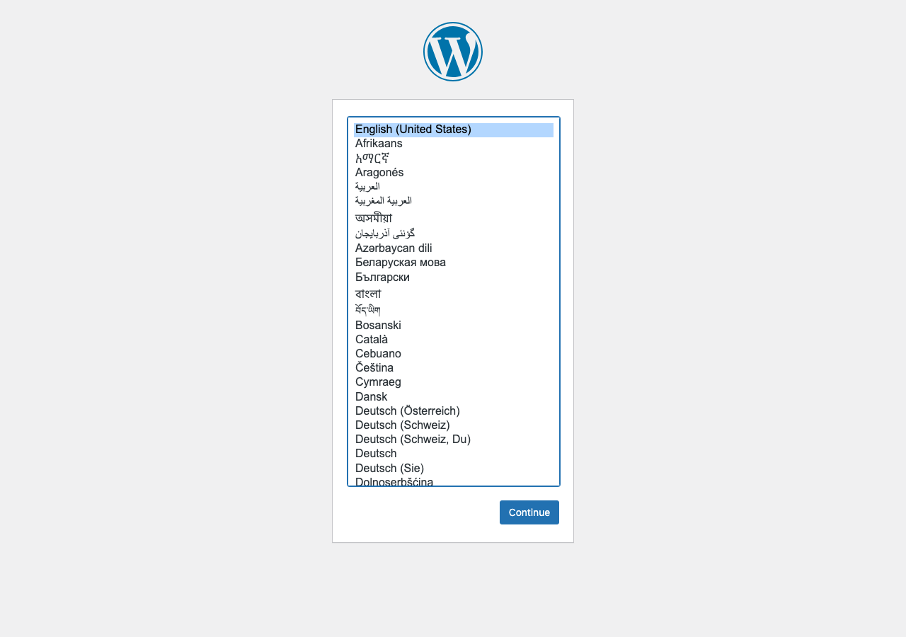 WordPress インストール画面（初期アクセス）