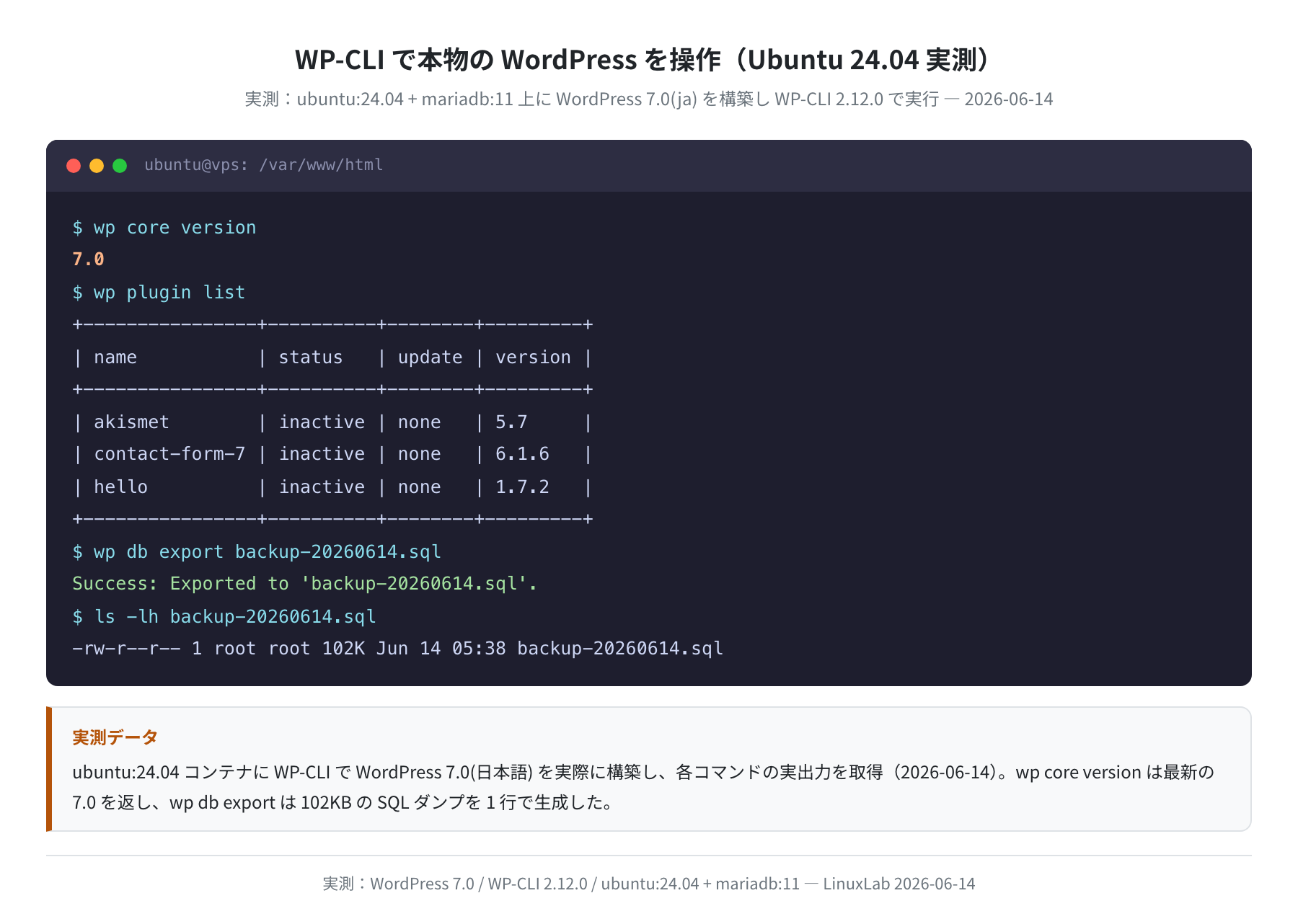 WP-CLIで本物のWordPressを操作（Ubuntu 24.04 実測）