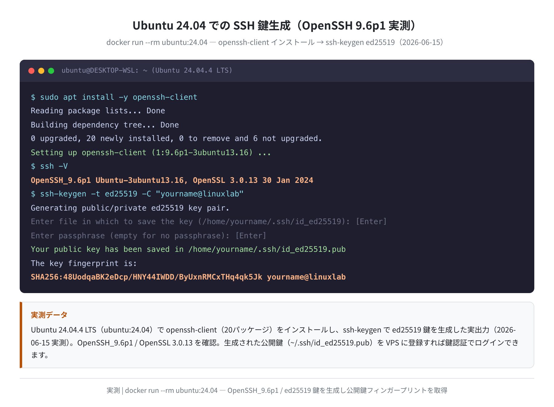SSH鍵生成の実行結果（ubuntu:24.04 実測）