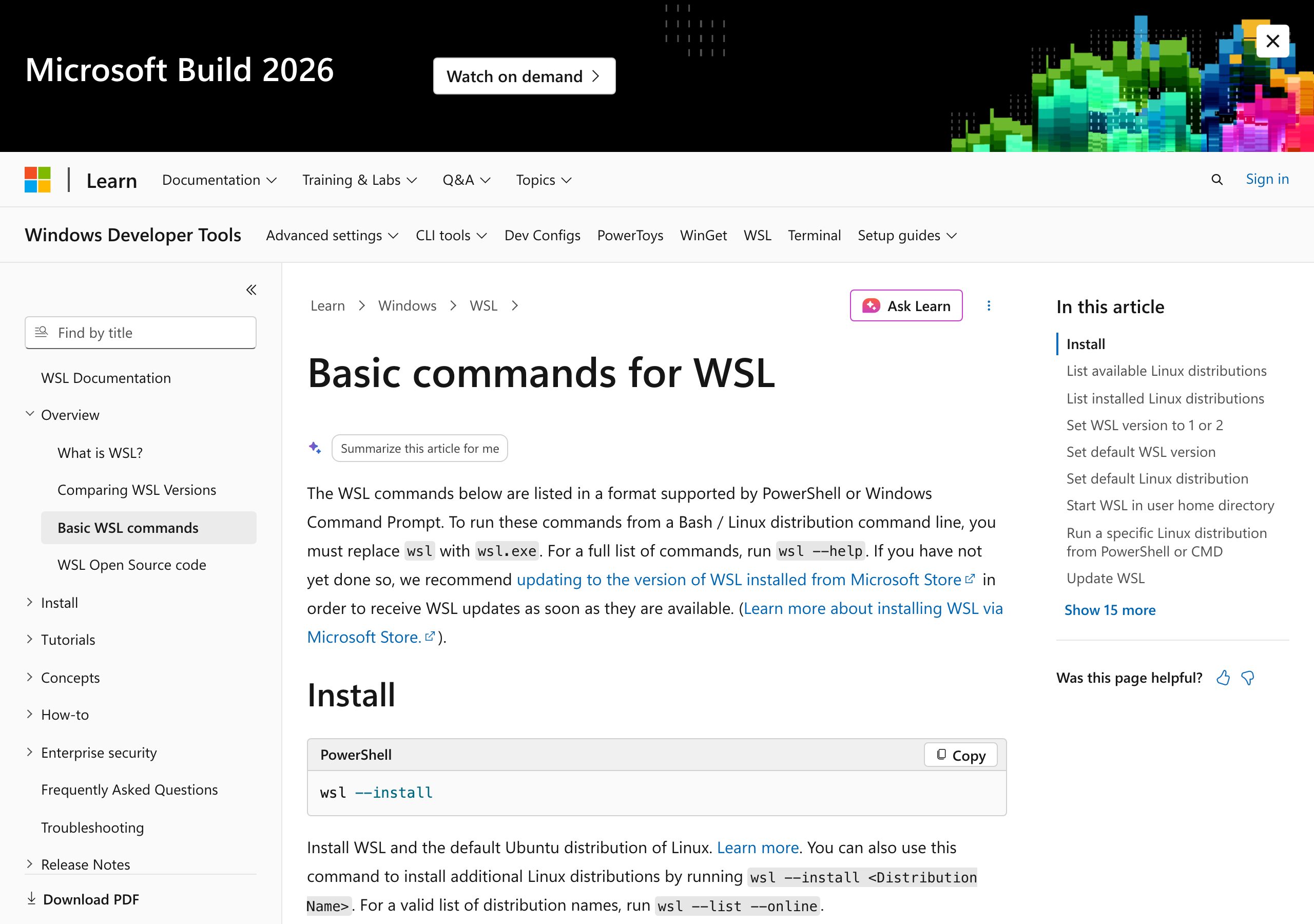 Microsoft公式のWSL基本コマンド一覧ページ（learn.microsoft.com で実撮影）