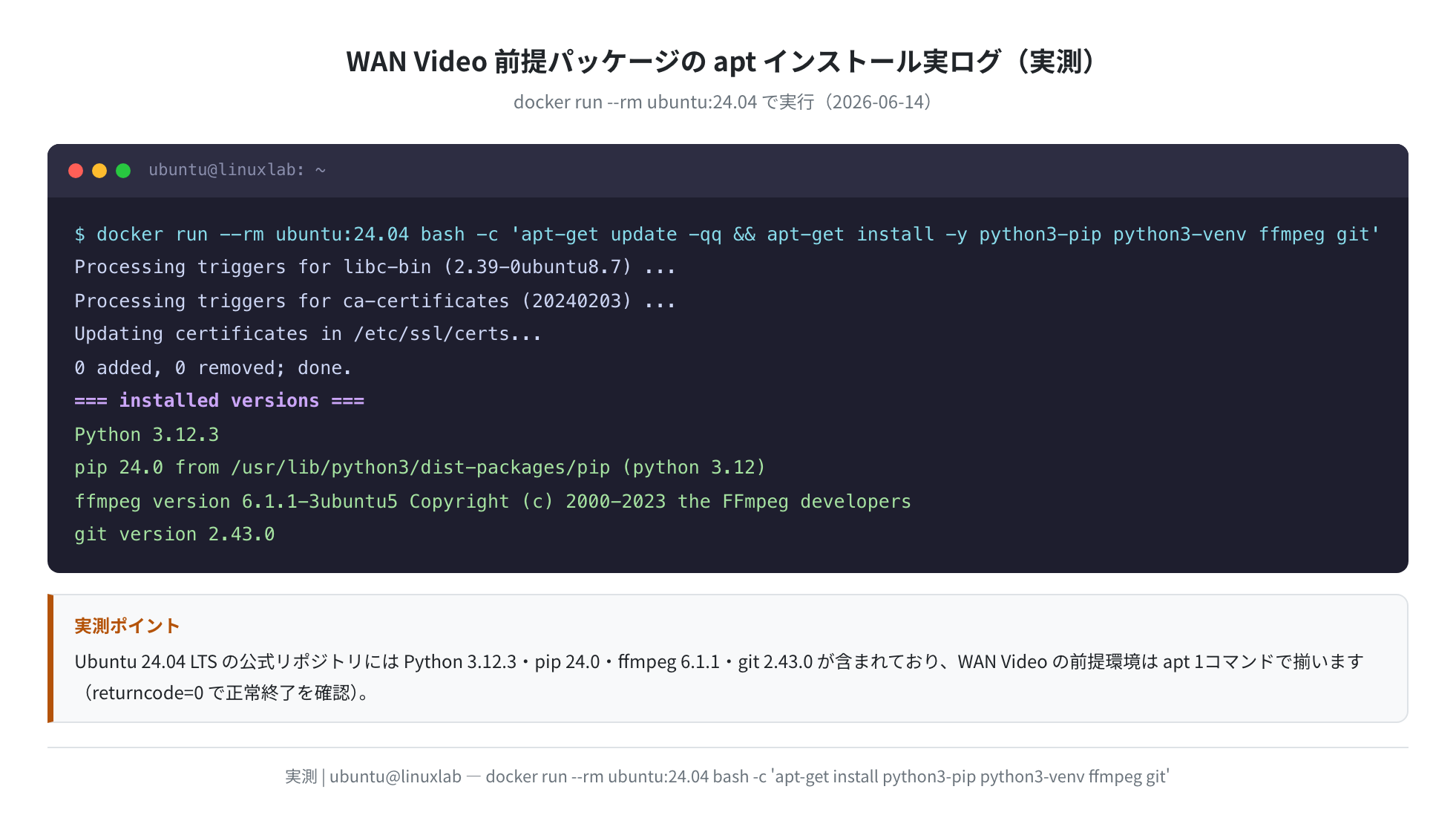 Ubuntu 24.04 で apt install した前提パッケージの実バージョン（Docker 実測）
