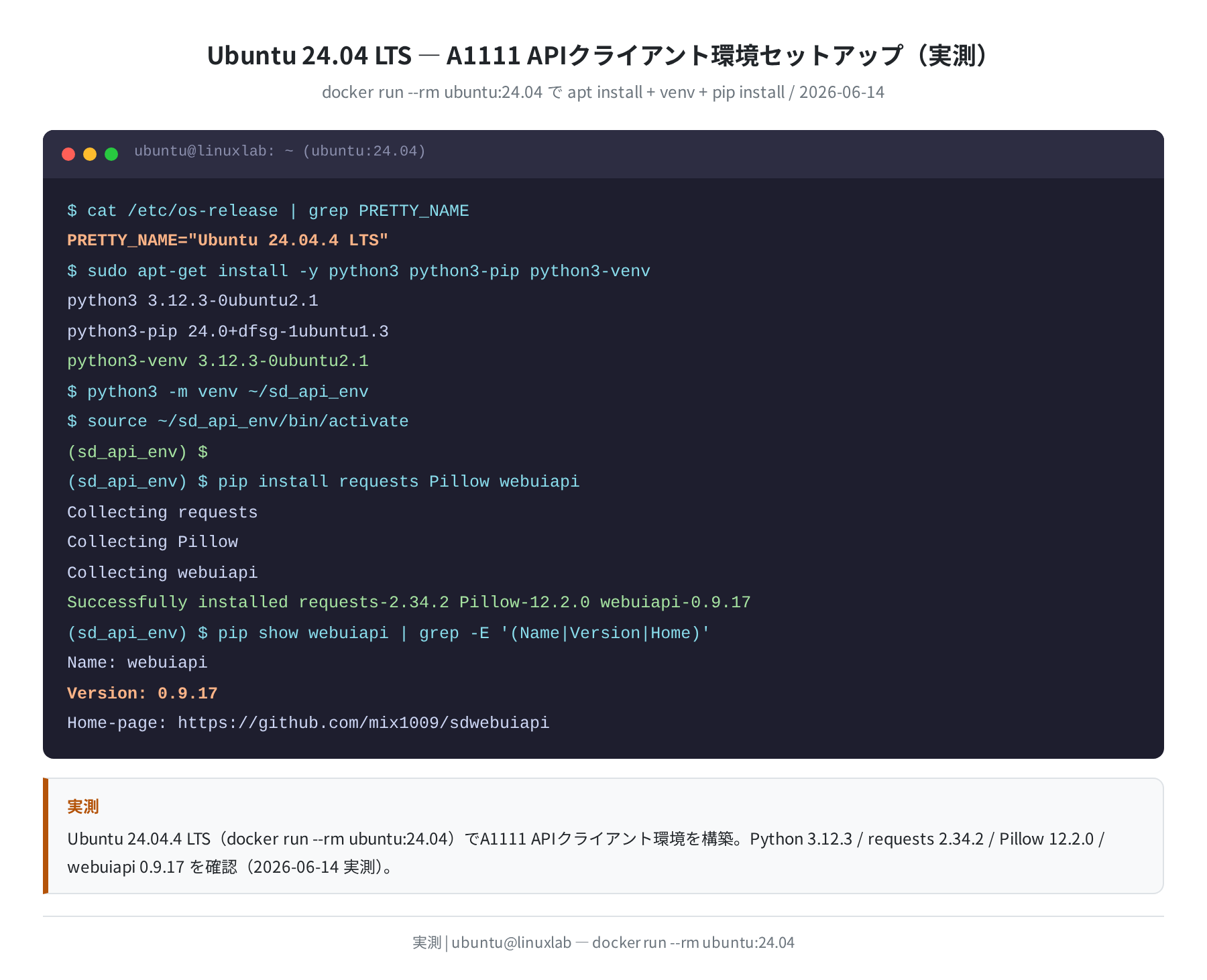 Ubuntu 24.04 APIクライアント環境セットアップ（実測）
