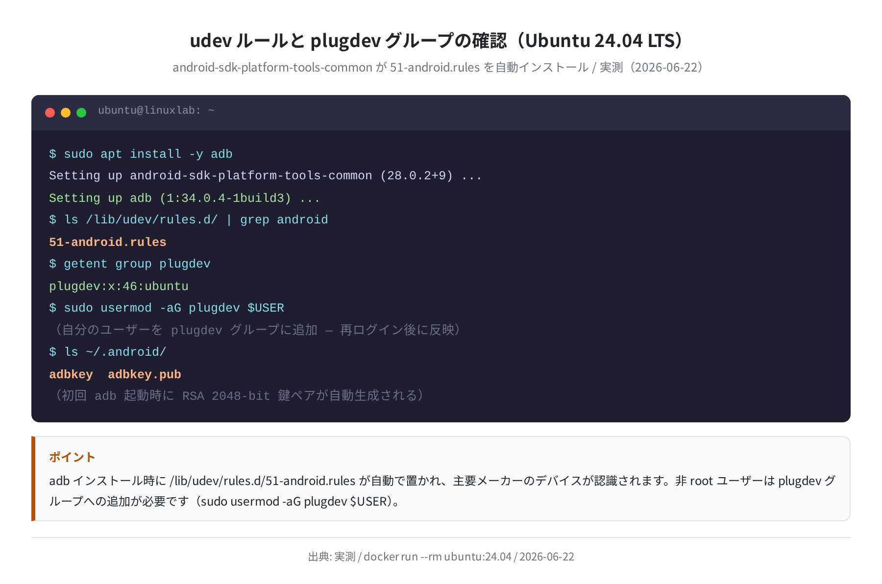 udev ルールと plugdev グループの確認（Ubuntu 24.04 実測）
