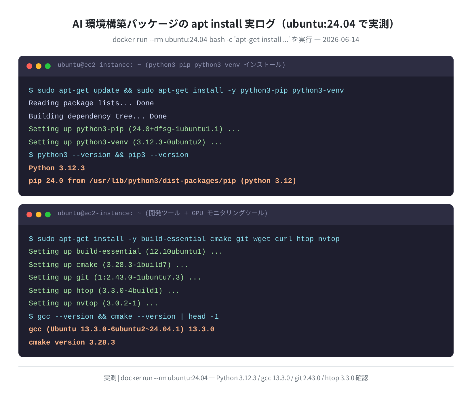 apt install 実ログ（ubuntu:24.04 Docker で実測 / Python 3.12.3, gcc 13.3.0 確認）