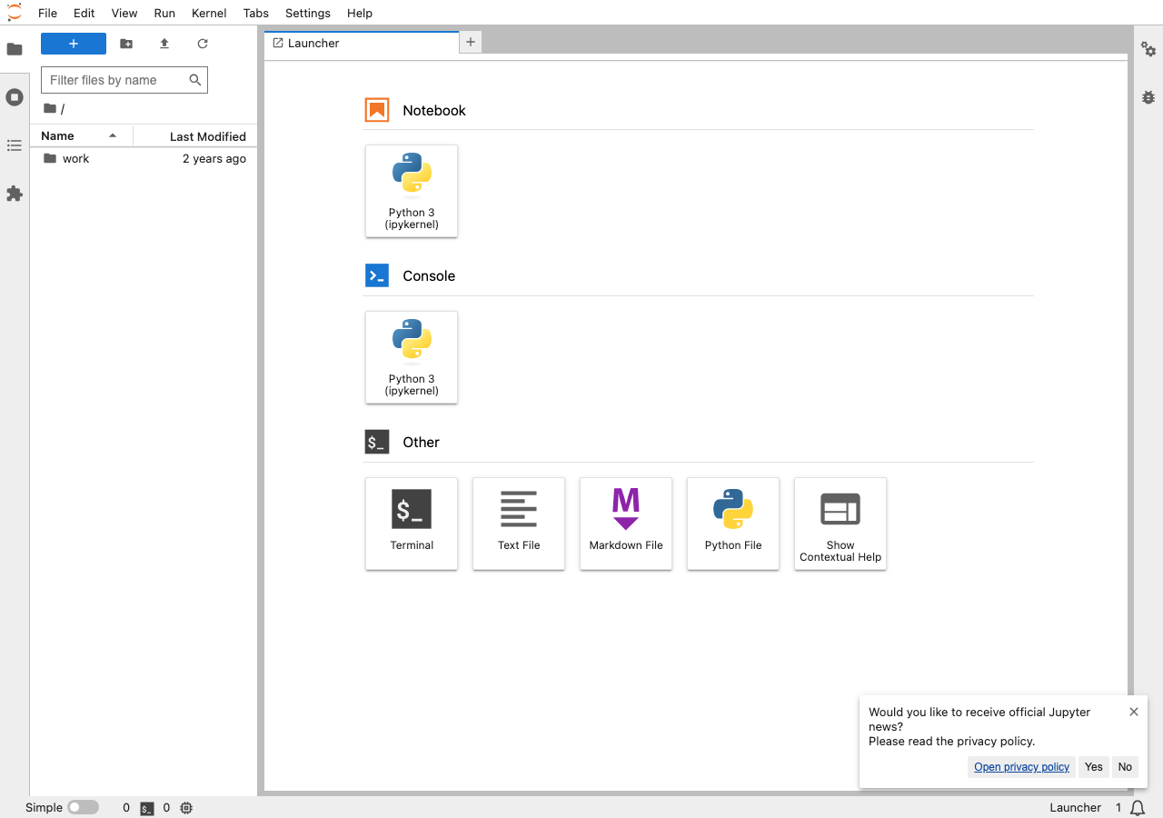 JupyterLab 4.0.7 のUI（Docker + Playwright 実撮影 2026-06-14）