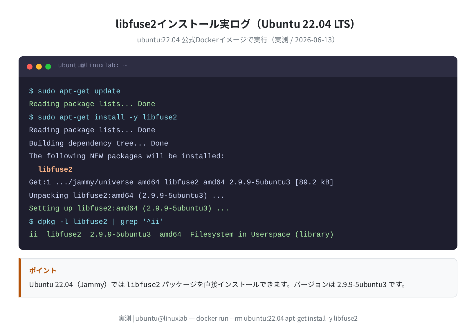 Ubuntu 22.04でlibfuse2インストール実ログ（実測）