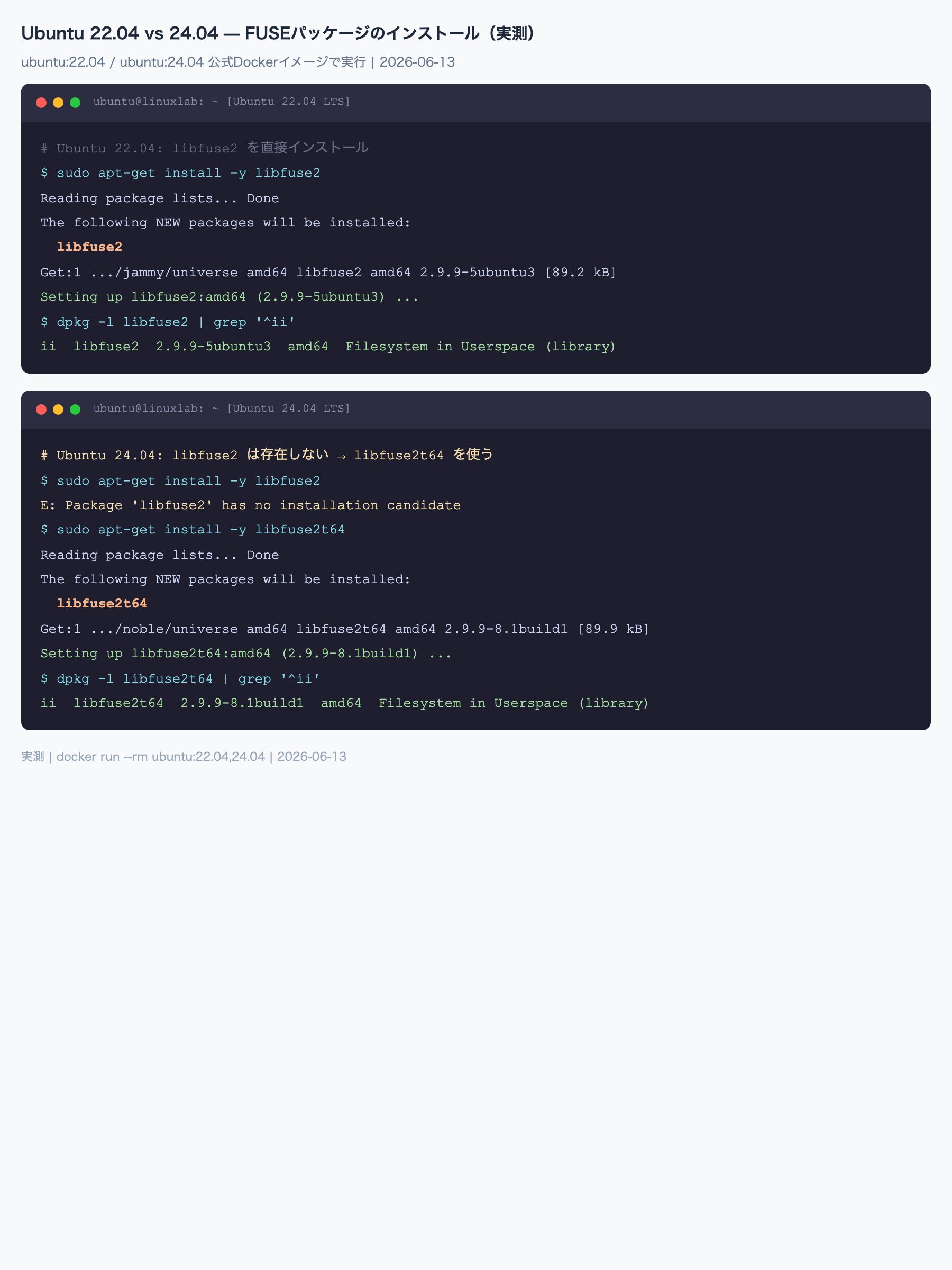 Ubuntu 22.04 vs 24.04 FUSEパッケージ比較スクリーンショット（実測）