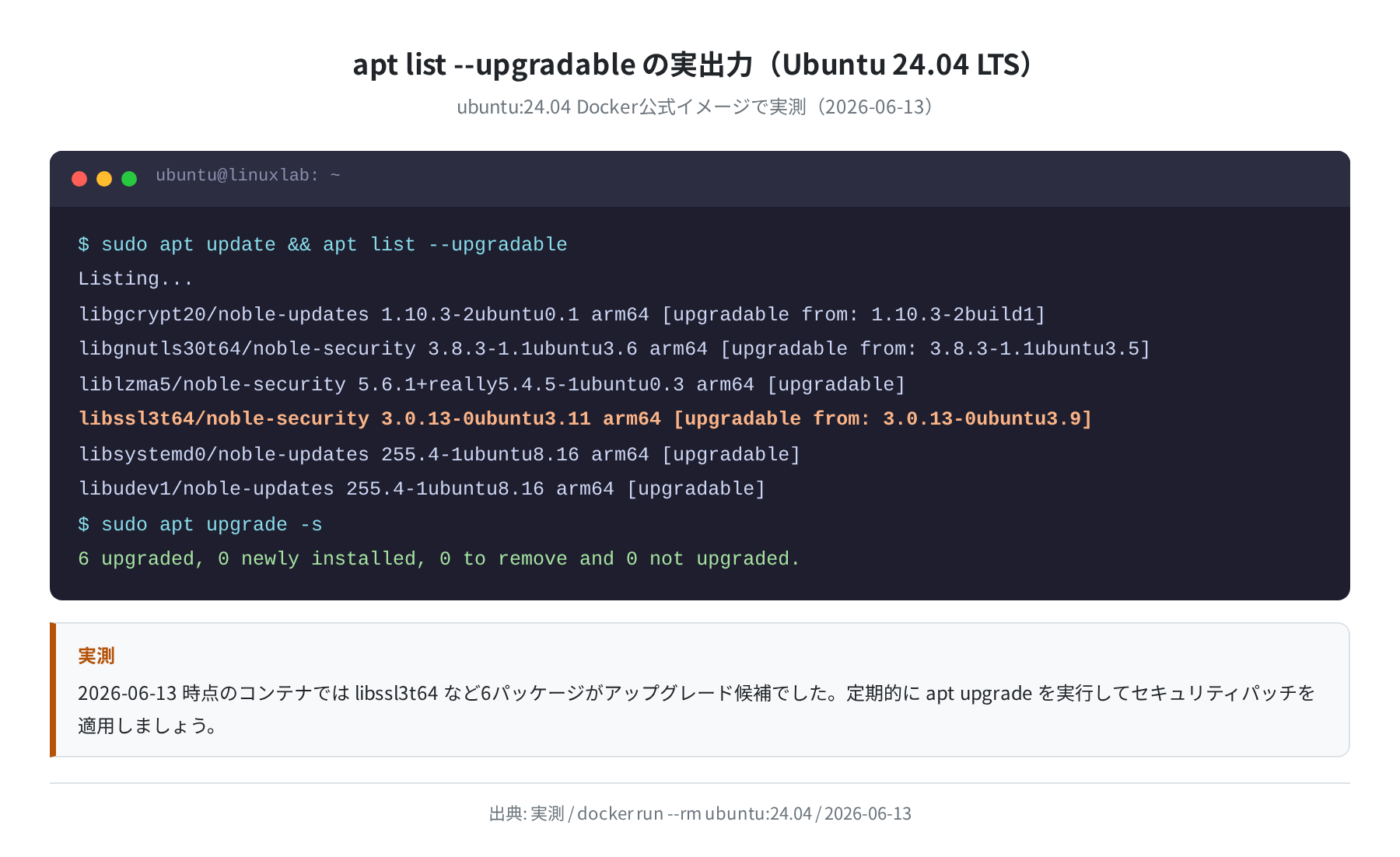 apt list --upgradable の実出力（Ubuntu 24.04）実測