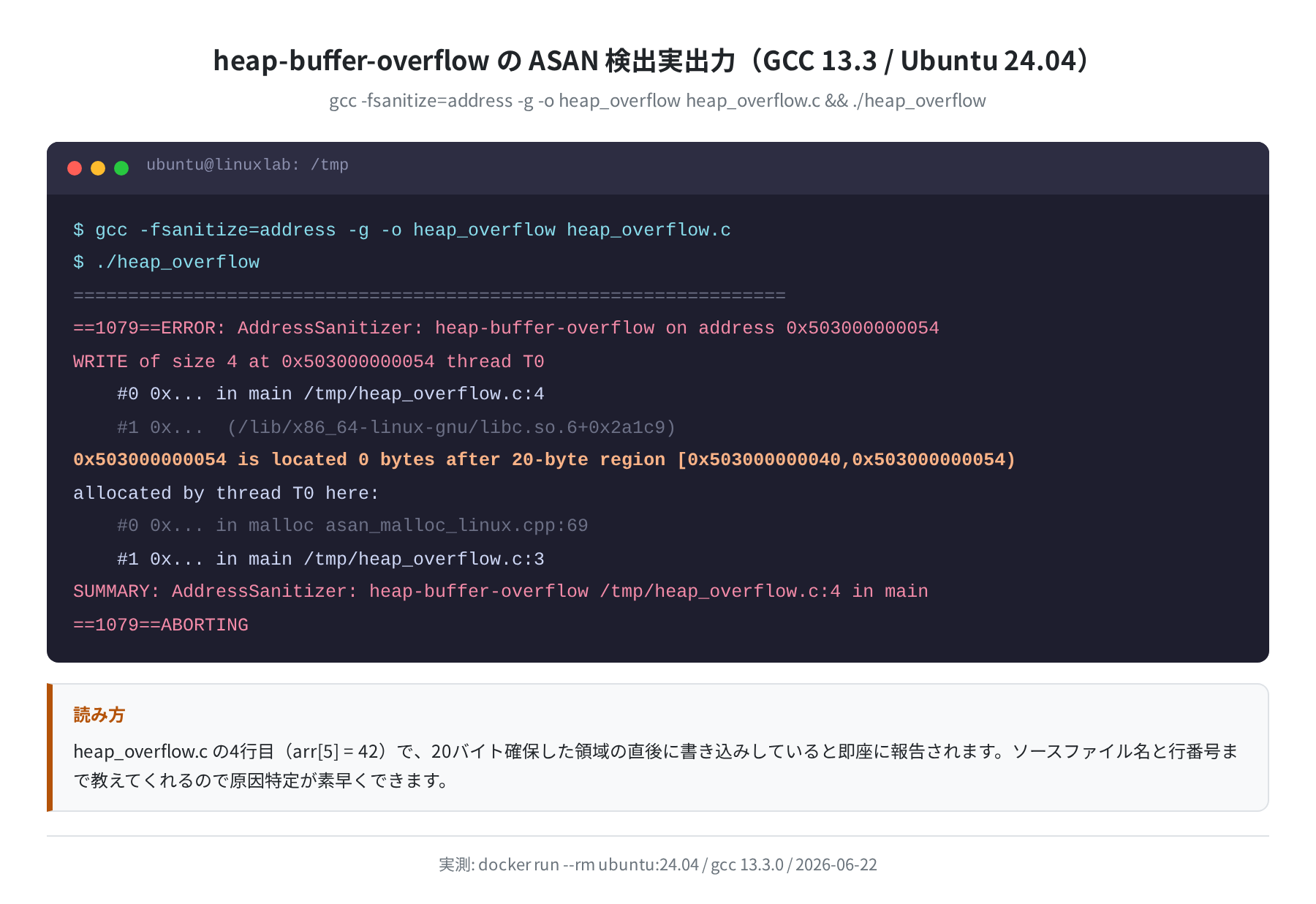 heap-buffer-overflow ASAN 検出実出力