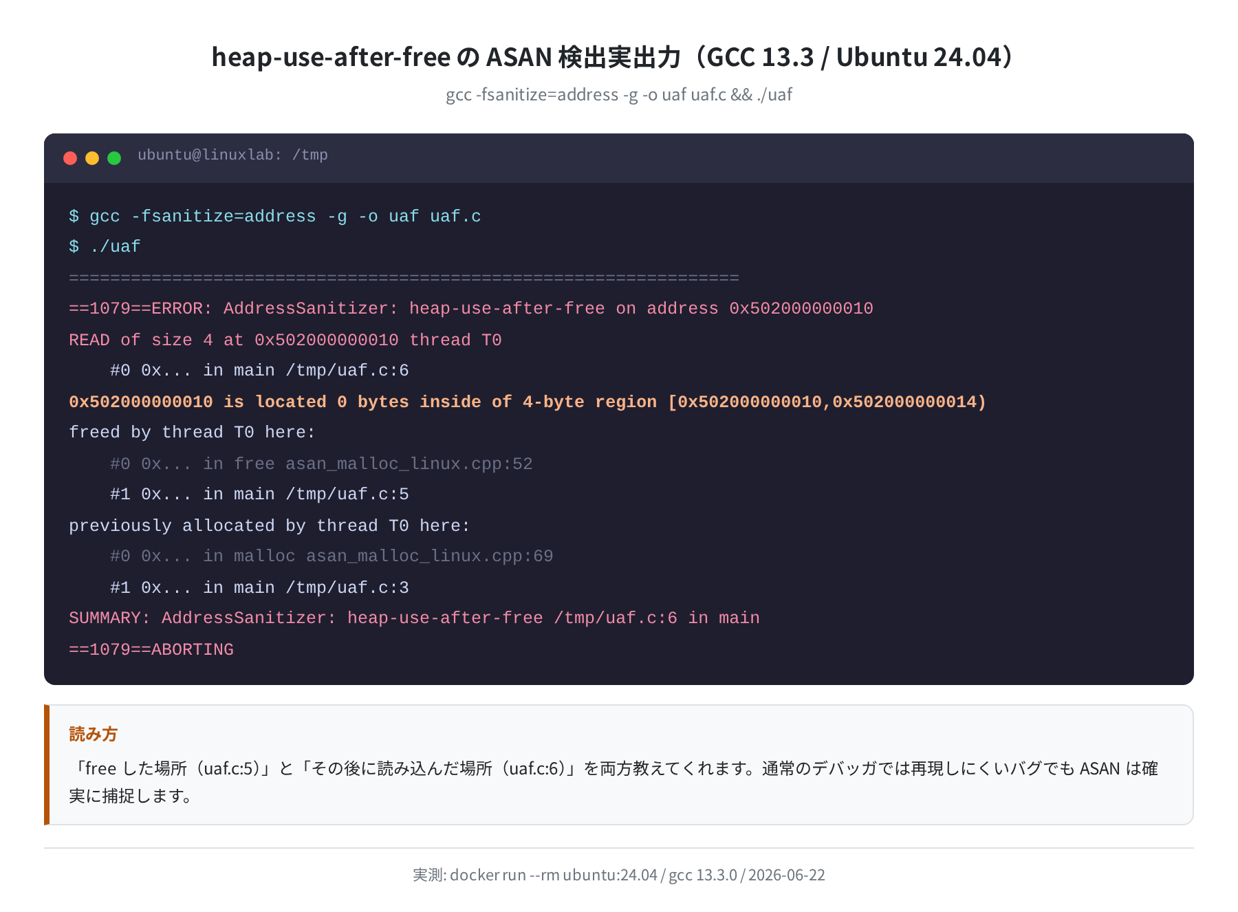 heap-use-after-free ASAN 検出実出力