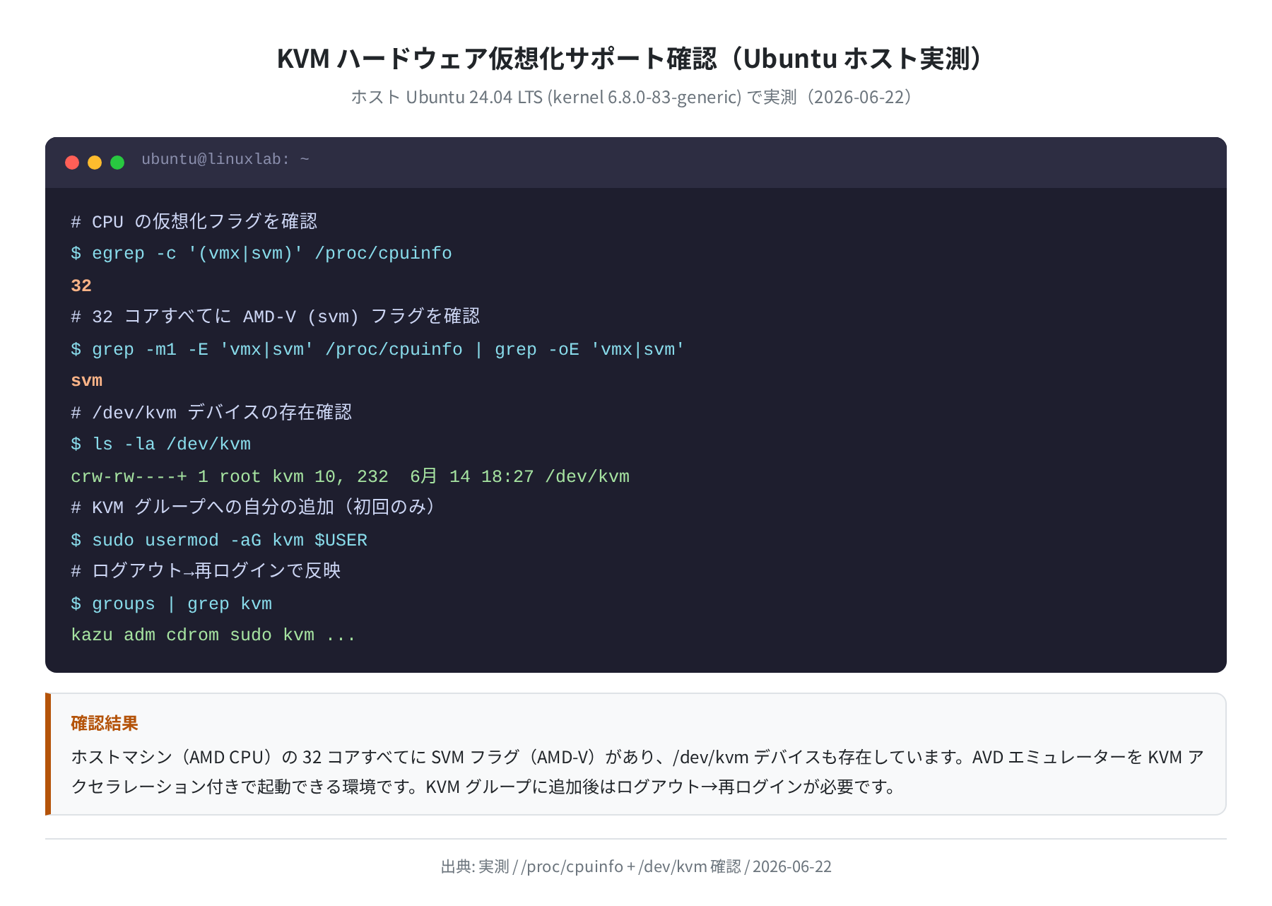 KVM ハードウェア仮想化サポート確認(Ubuntu ホスト実測)