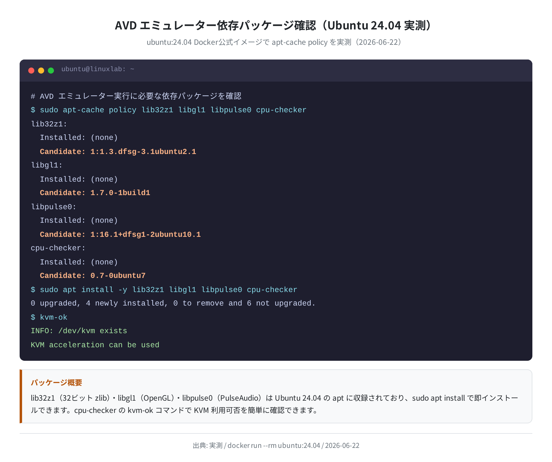 AVD エミュレーター依存パッケージ確認(Ubuntu 24.04 実測)