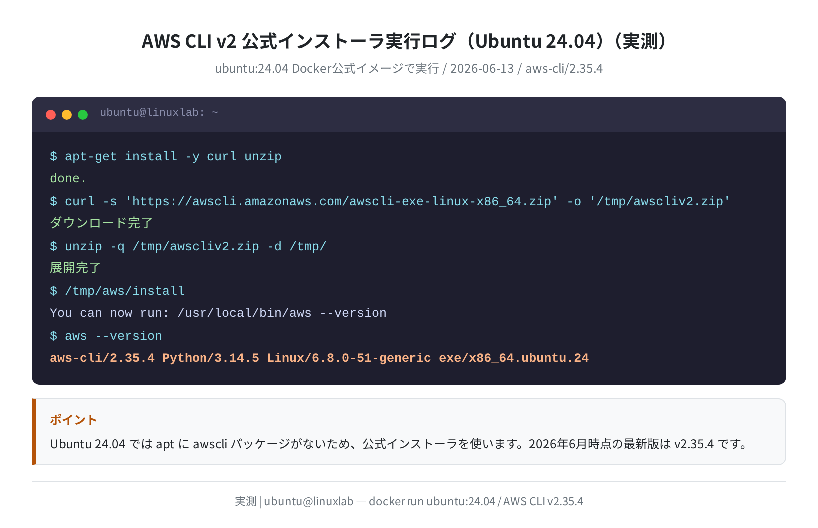 AWS CLI v2 公式インストーラ実行ログ(実測)