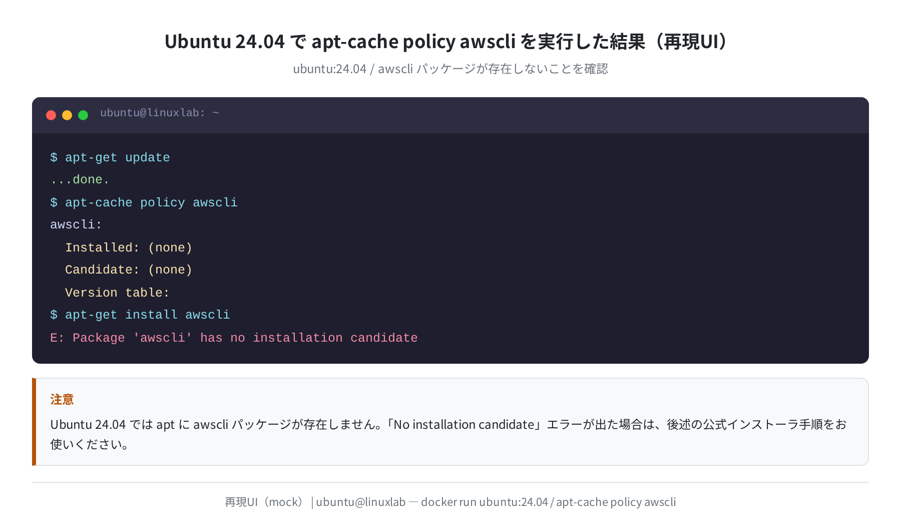 Ubuntu 24.04 で apt install awscli を試みた結果(再現UI)