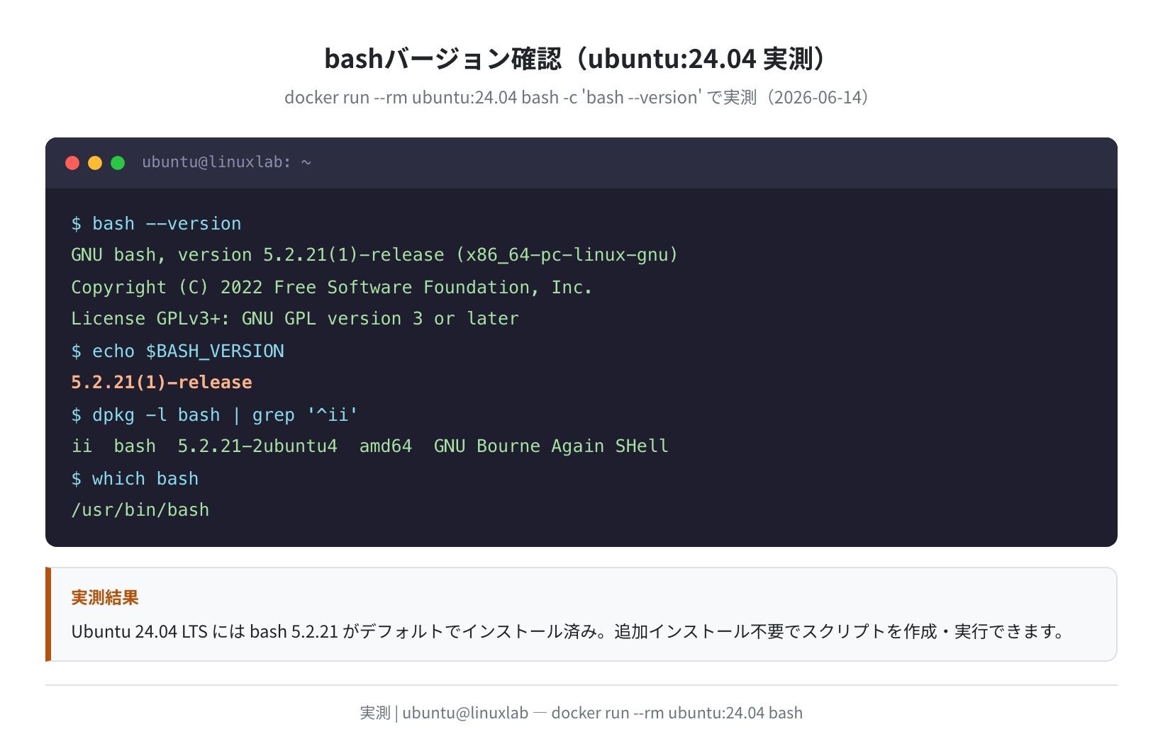 bashバージョン確認(ubuntu:24.04 実測)