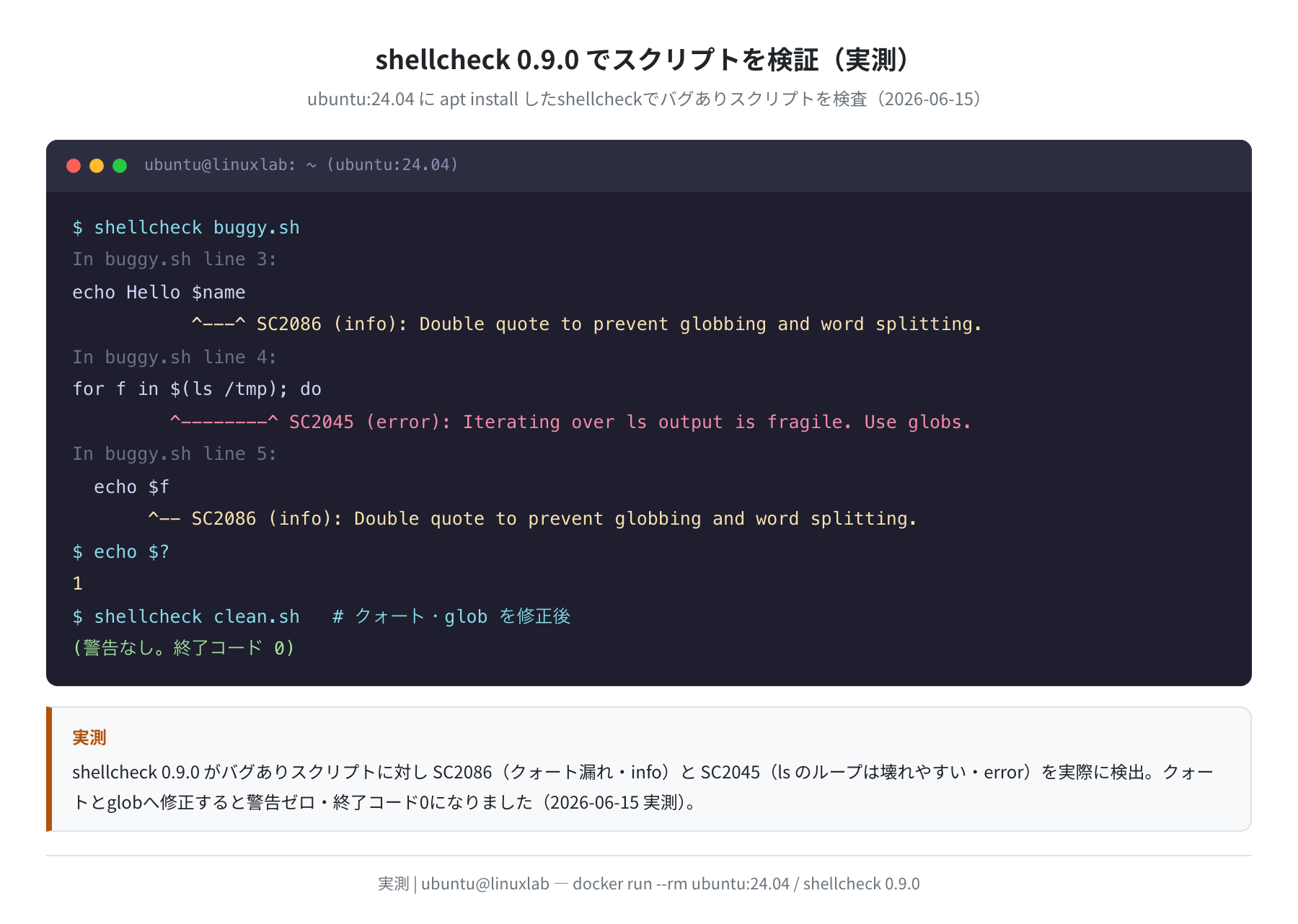 shellcheck 0.9.0 の実出力(SC2086 / SC2045 を実検出)