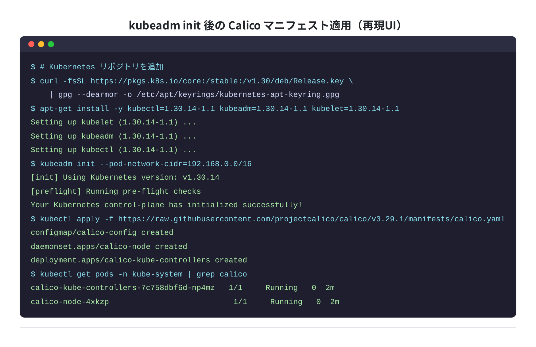 kubeadm init 後の Calico マニフェスト適用（再現UI）