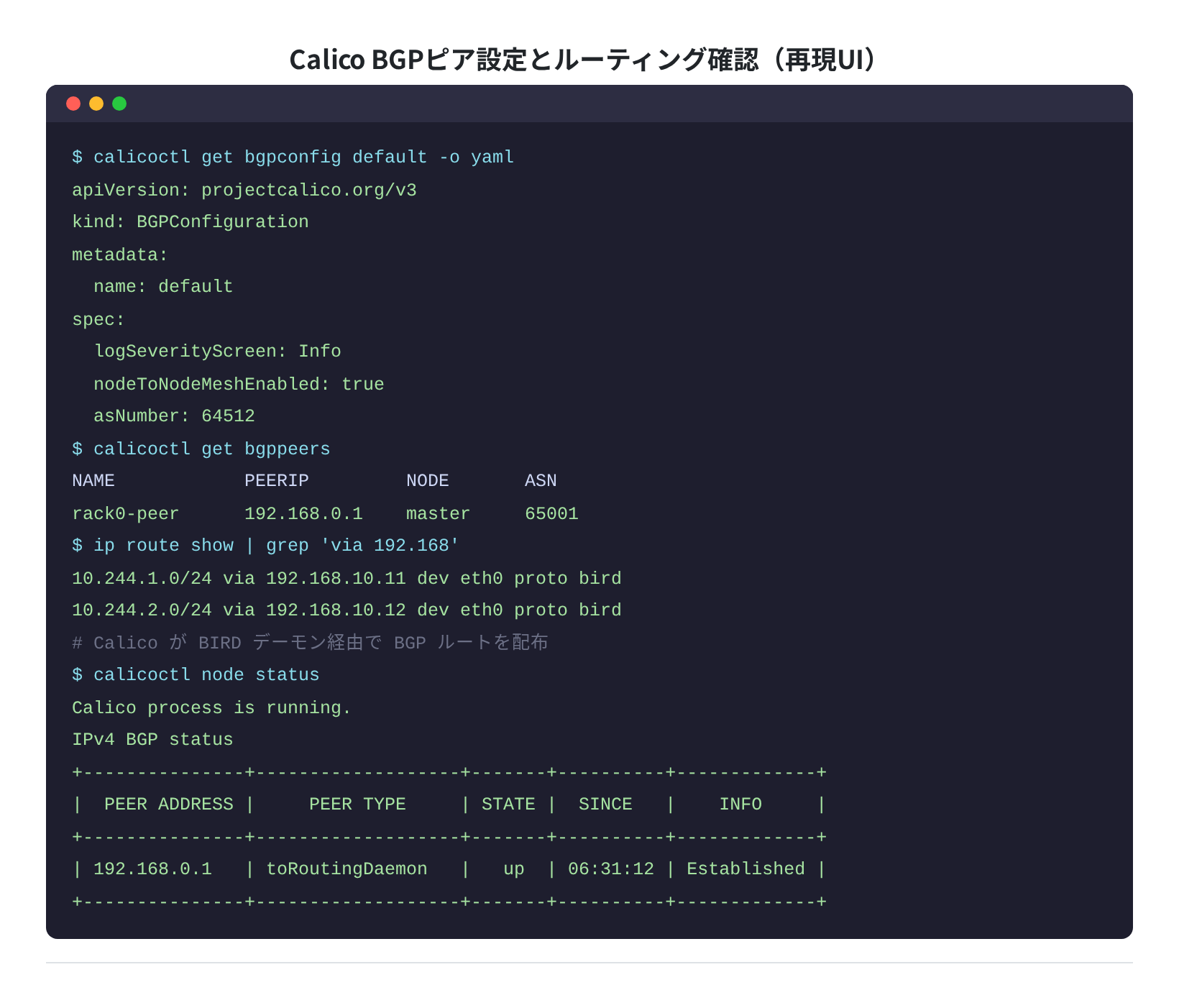 Calico BGPピア設定とルーティング確認（再現UI）