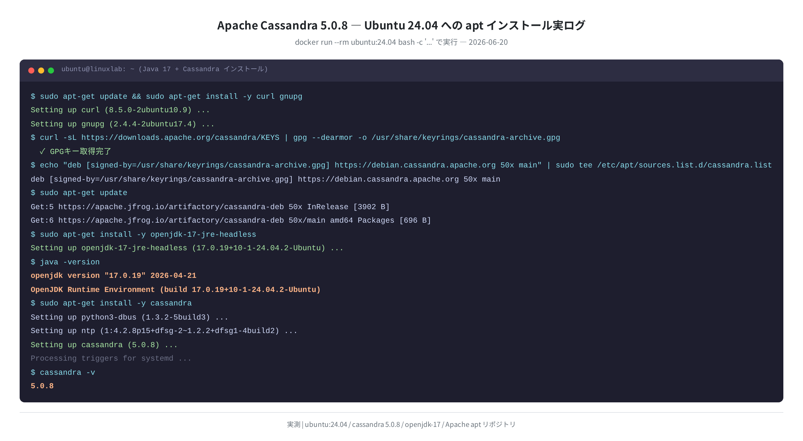 Cassandra 5.0.8 apt インストール実ログ(Ubuntu 24.04 実測)