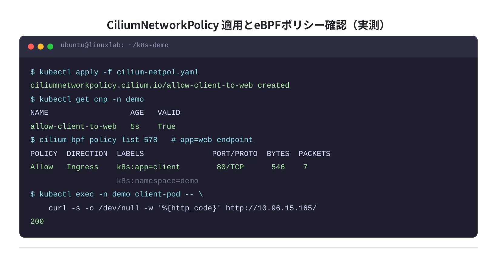 CiliumNetworkPolicy 適用とeBPFポリシー確認（実測）