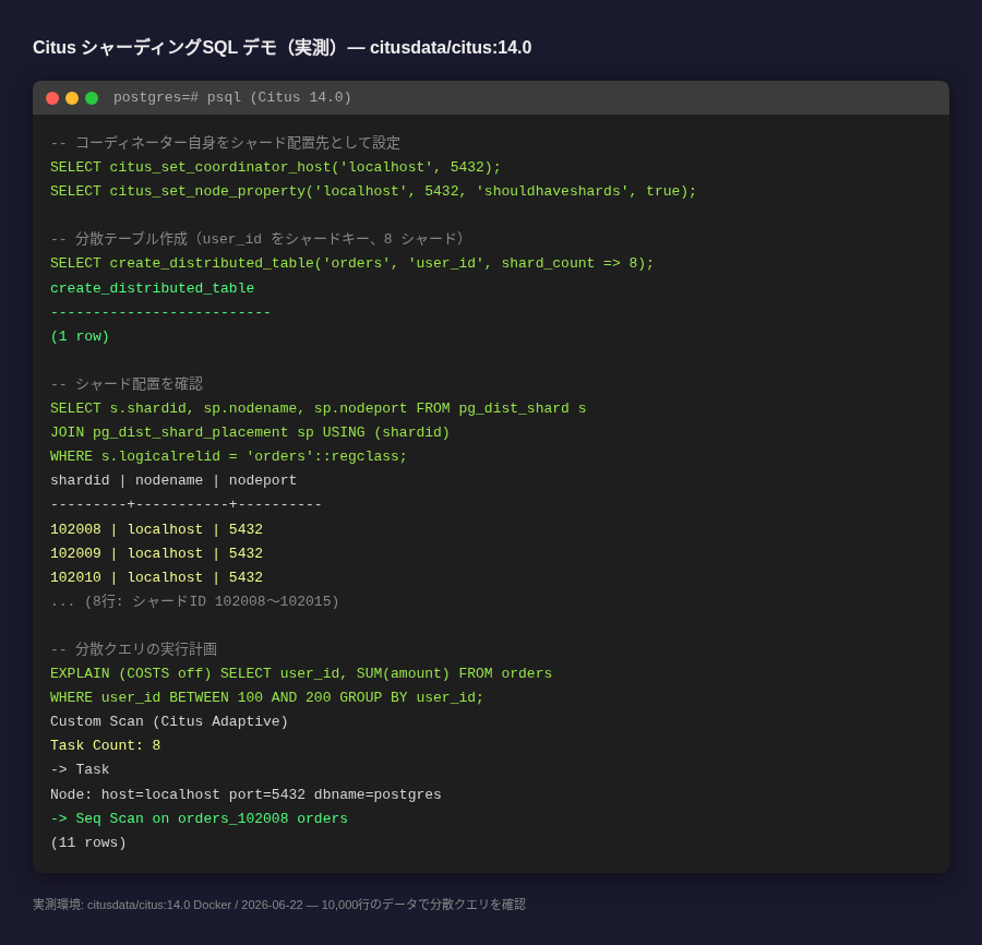 シャーディングSQLデモの実行結果(ターミナル出力)