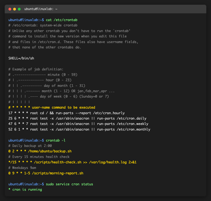crontab -l と /etc/crontab の実際の出力（Ubuntu 24.04）