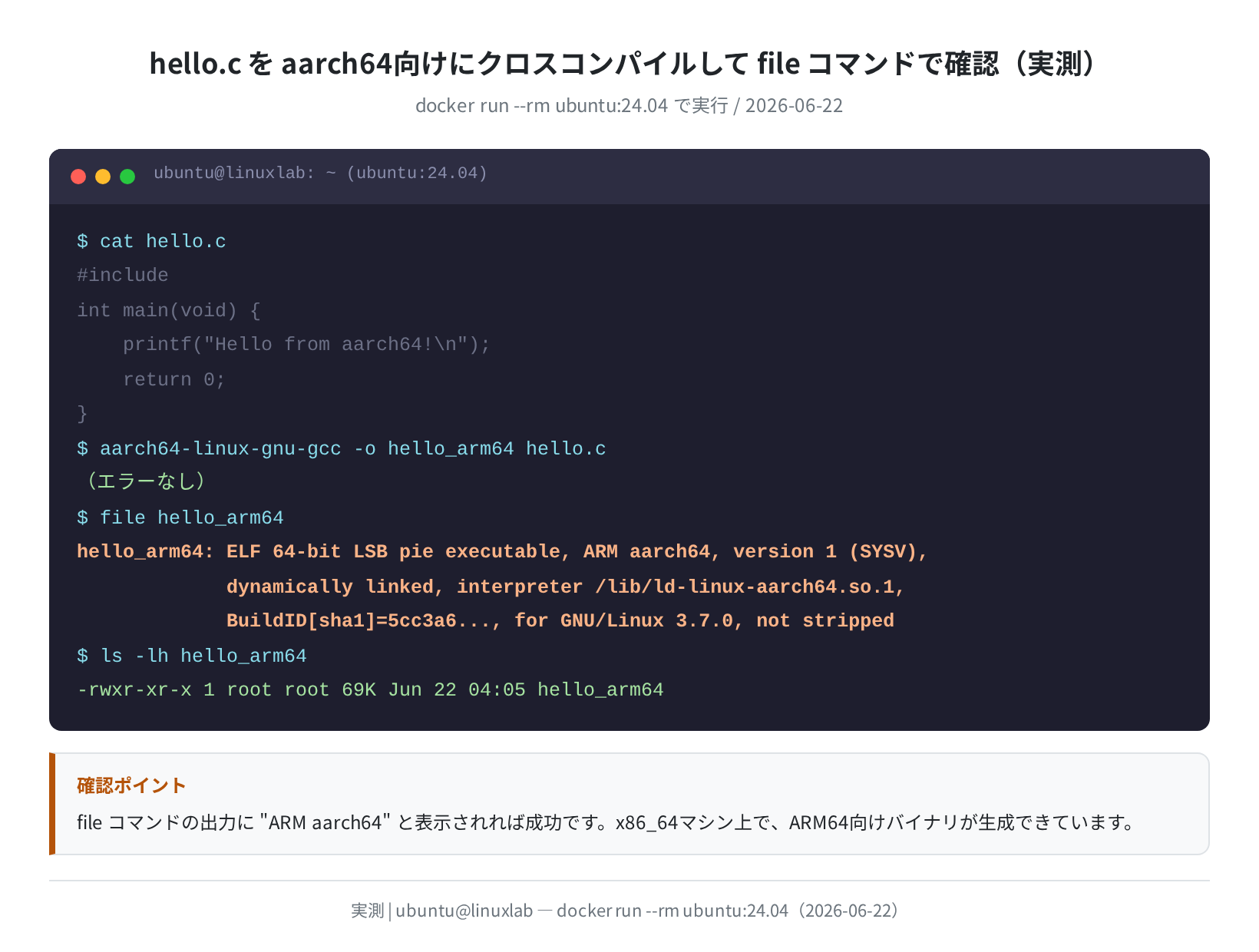 クロスコンパイル実行と file コマンド確認（実測）