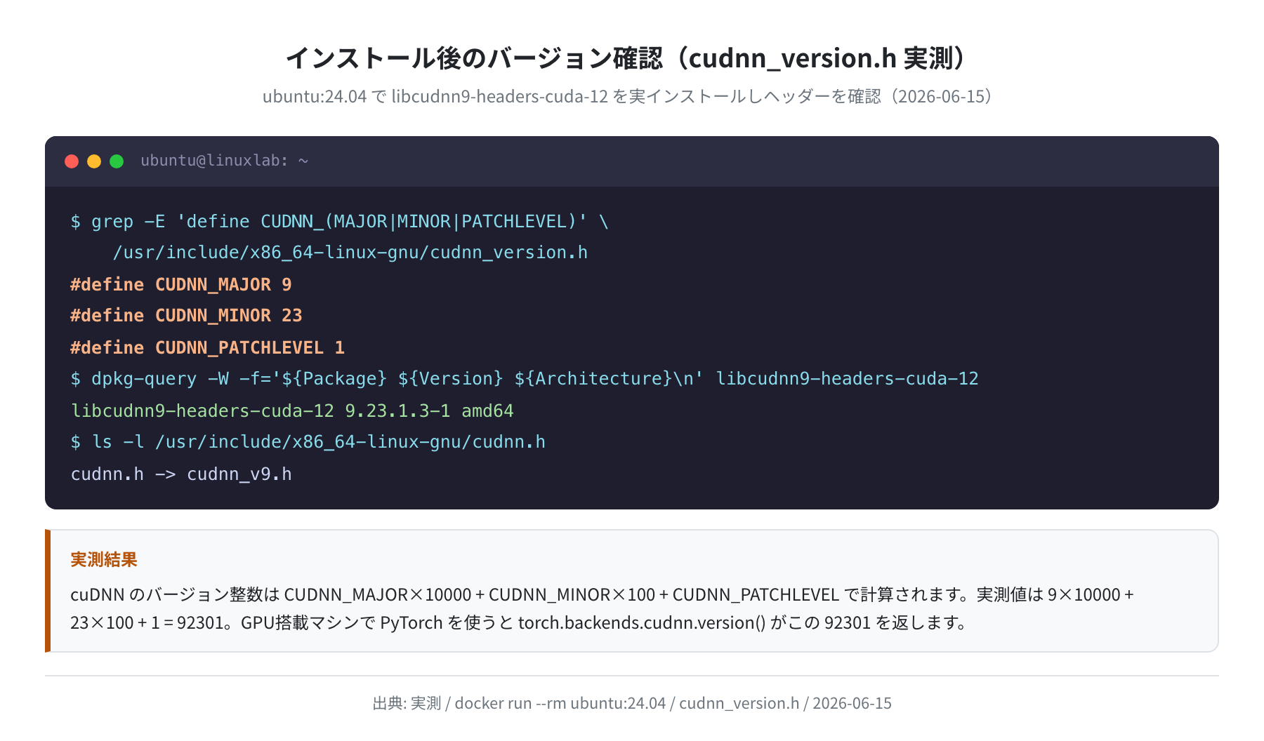 cudnn_version.h のバージョンマクロとインストール状態（実測）